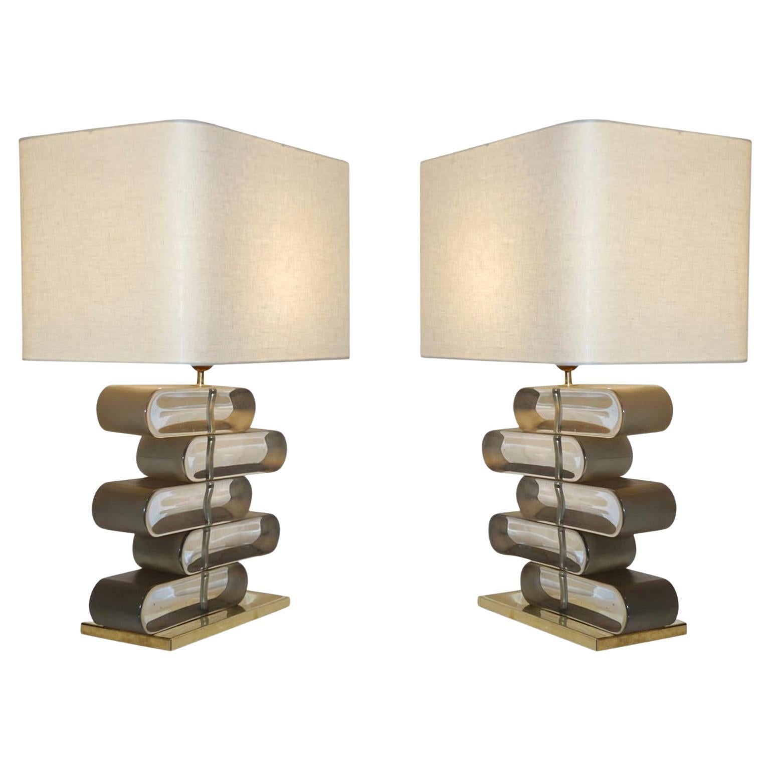 Italian Modern Pair of Brass and Bronze Murano Glass Architectural Table Lamps