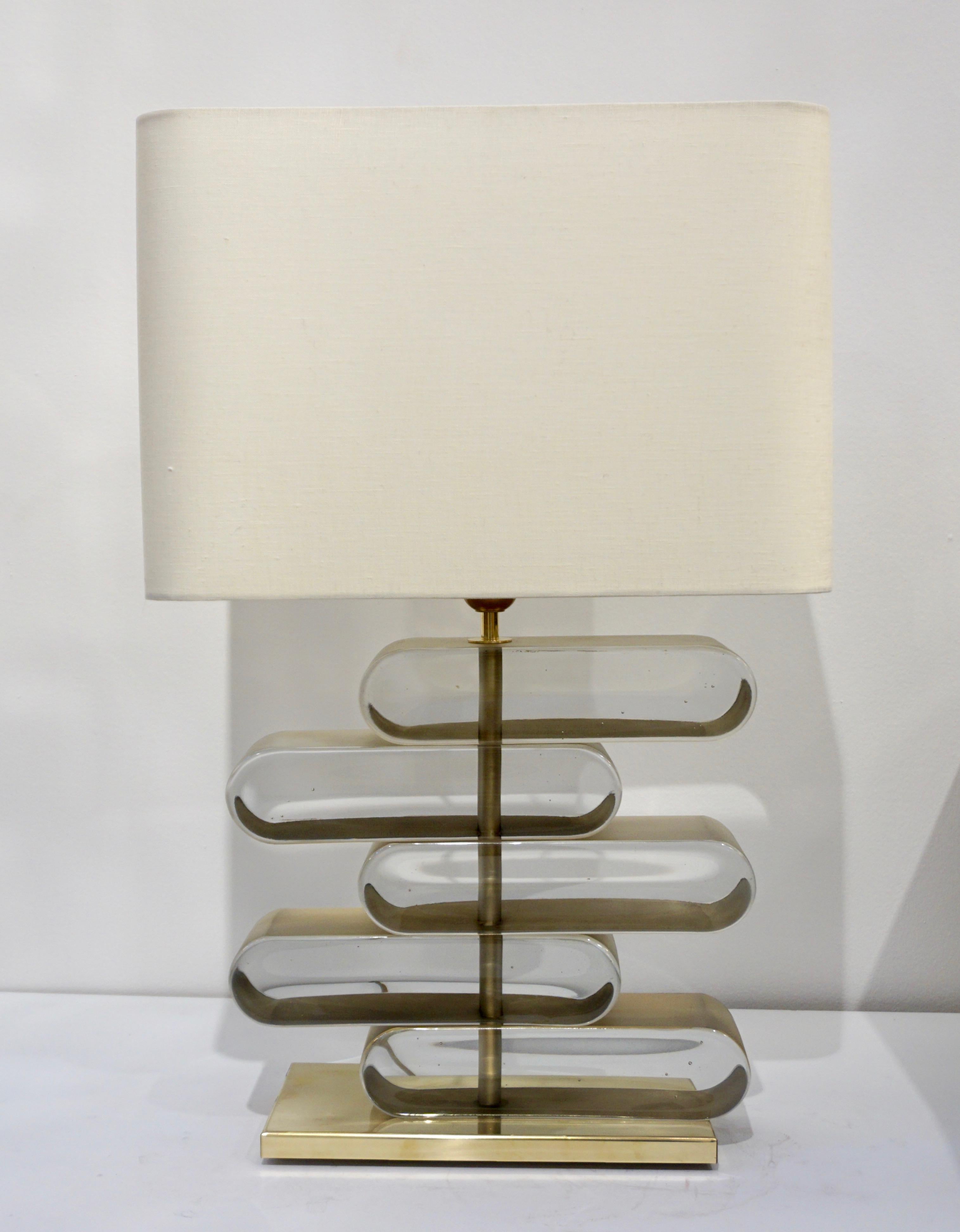 Italian Modern Pair of Brass and Bronze Murano Glass Architectural Table Lamps For Sale 7