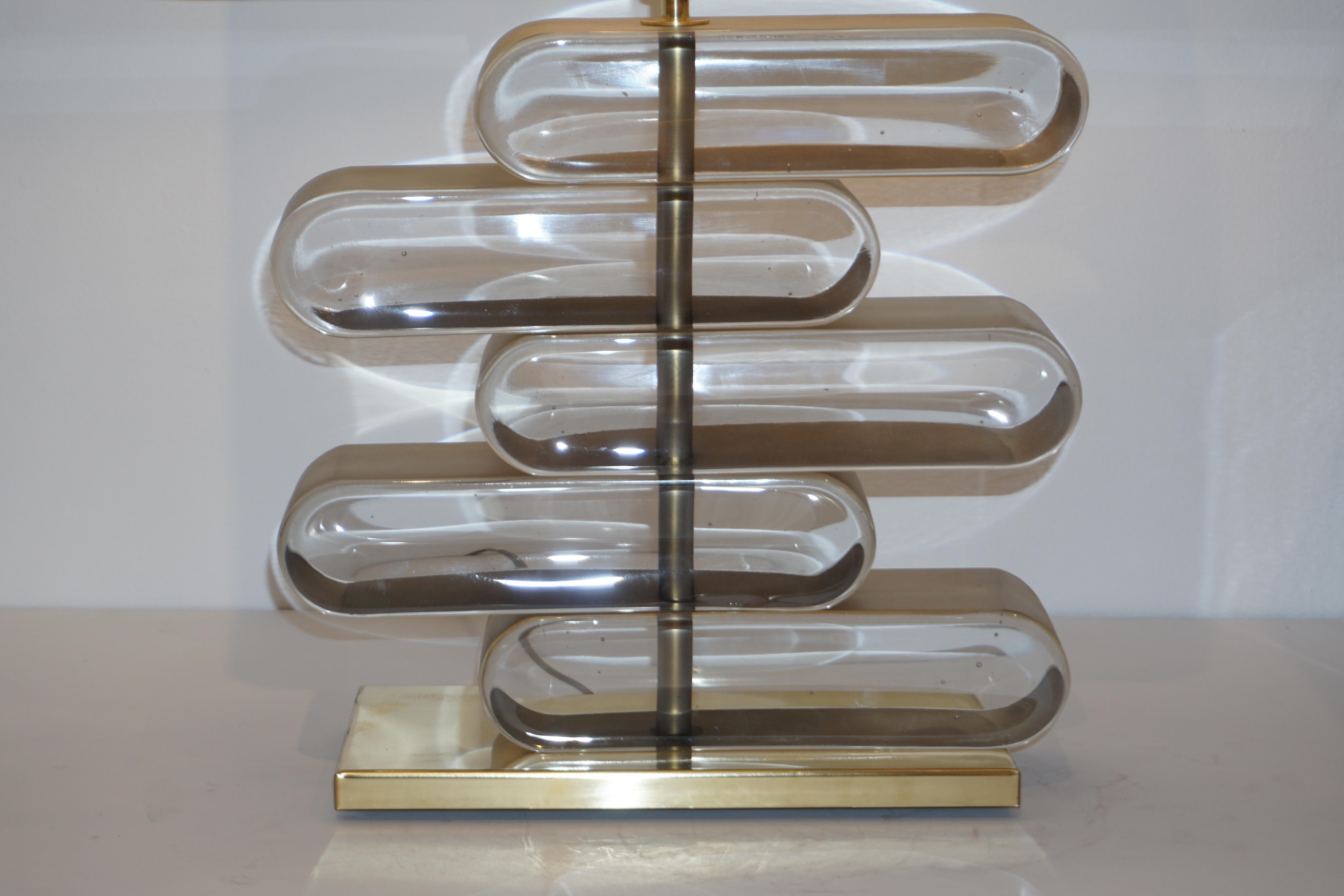 Italian Modern Pair of Brass and Bronze Murano Glass Architectural Table Lamps In New Condition For Sale In New York, NY
