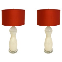 Italian Modern Pair of Cream Ivory Gold Silhouette Lamps with Terracotta Shades