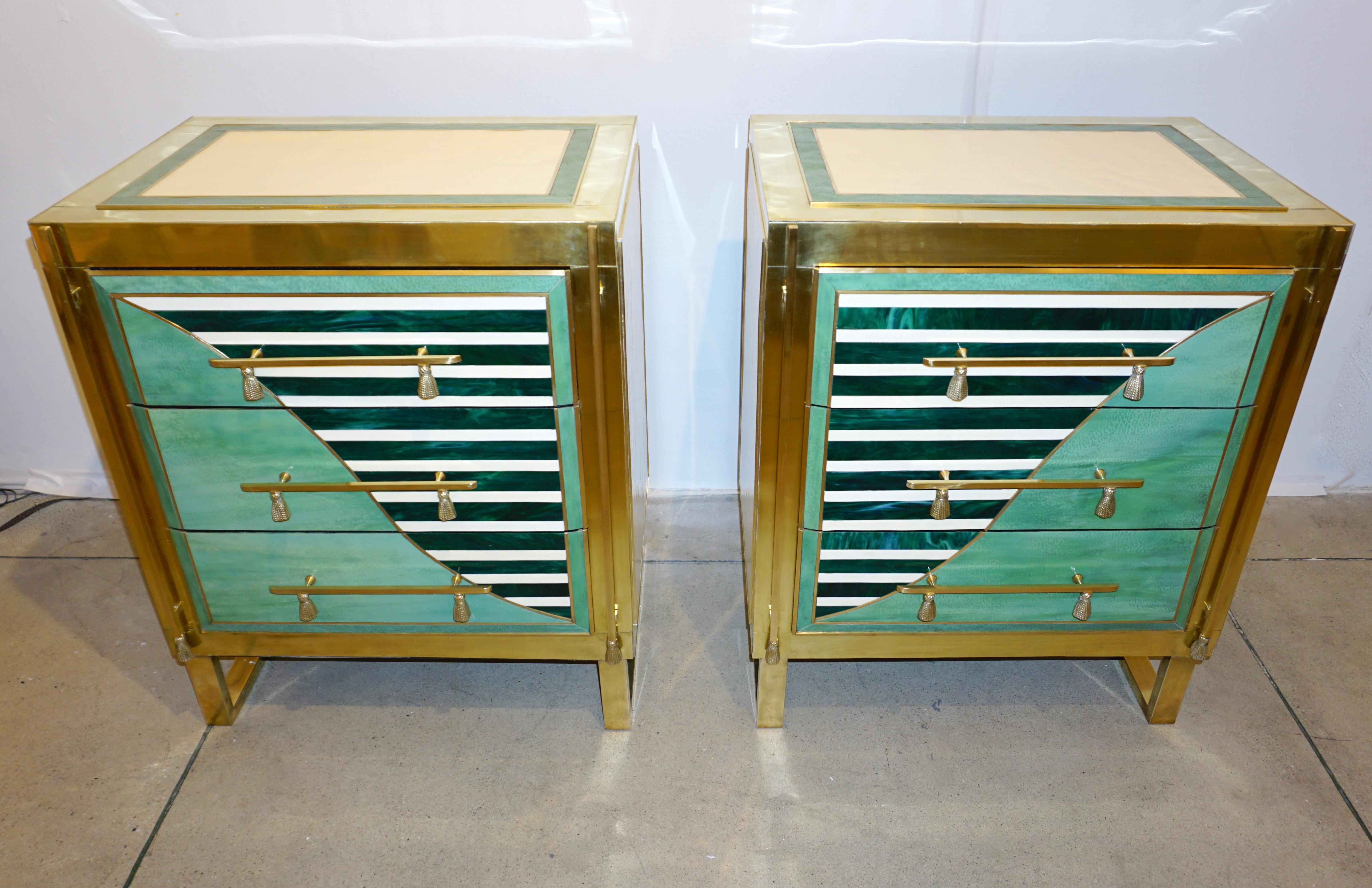 Italian Modern Pair of Geometric Green Ivory White and Brass Chests/Nightstands 6