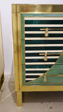 Italian Modern Pair of Geometric Green Ivory White and Brass Chests/Nightstands