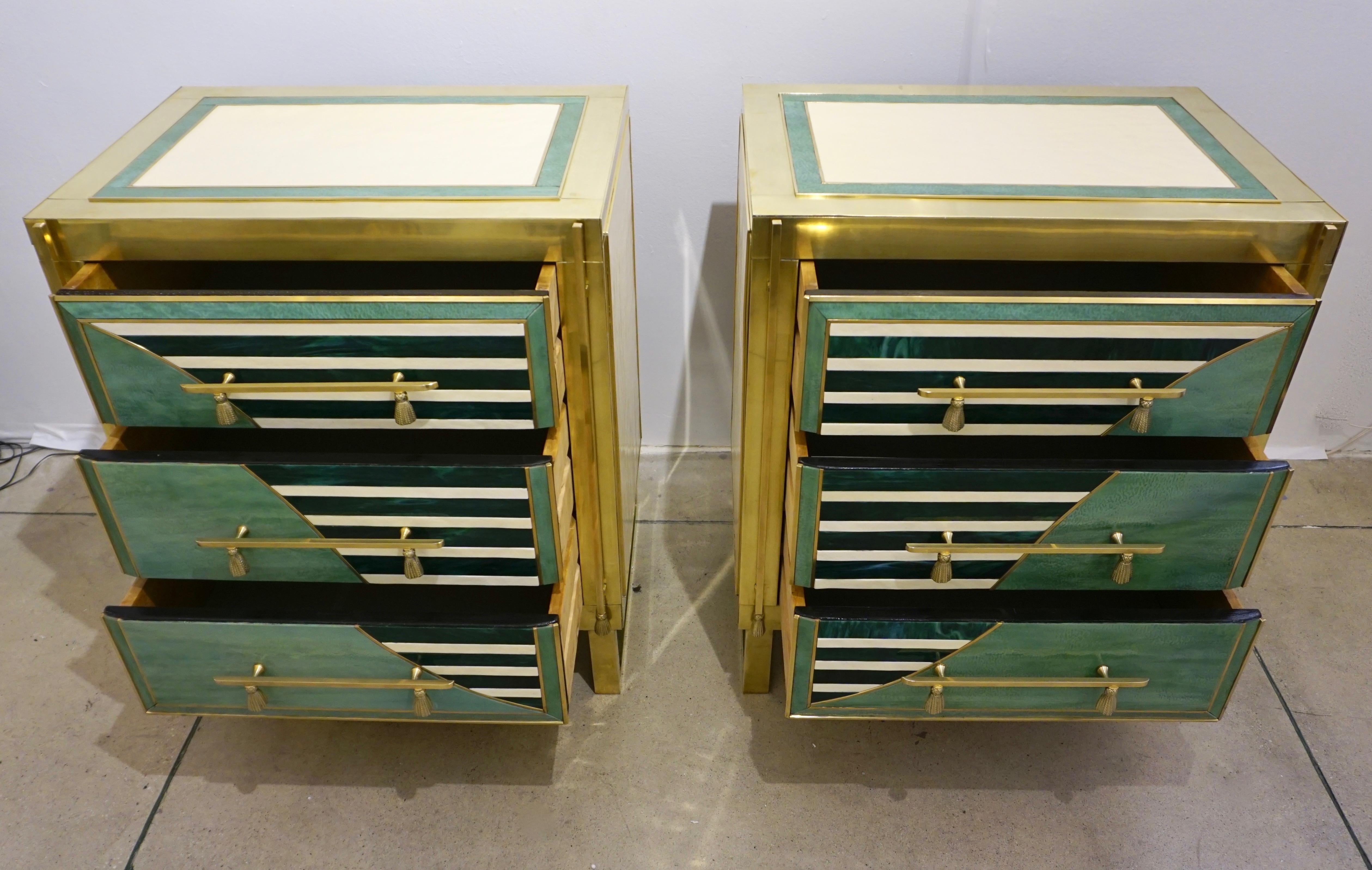 Hollywood Regency Italian Modern Pair of Geometric Green Ivory White and Brass Chests/Nightstands