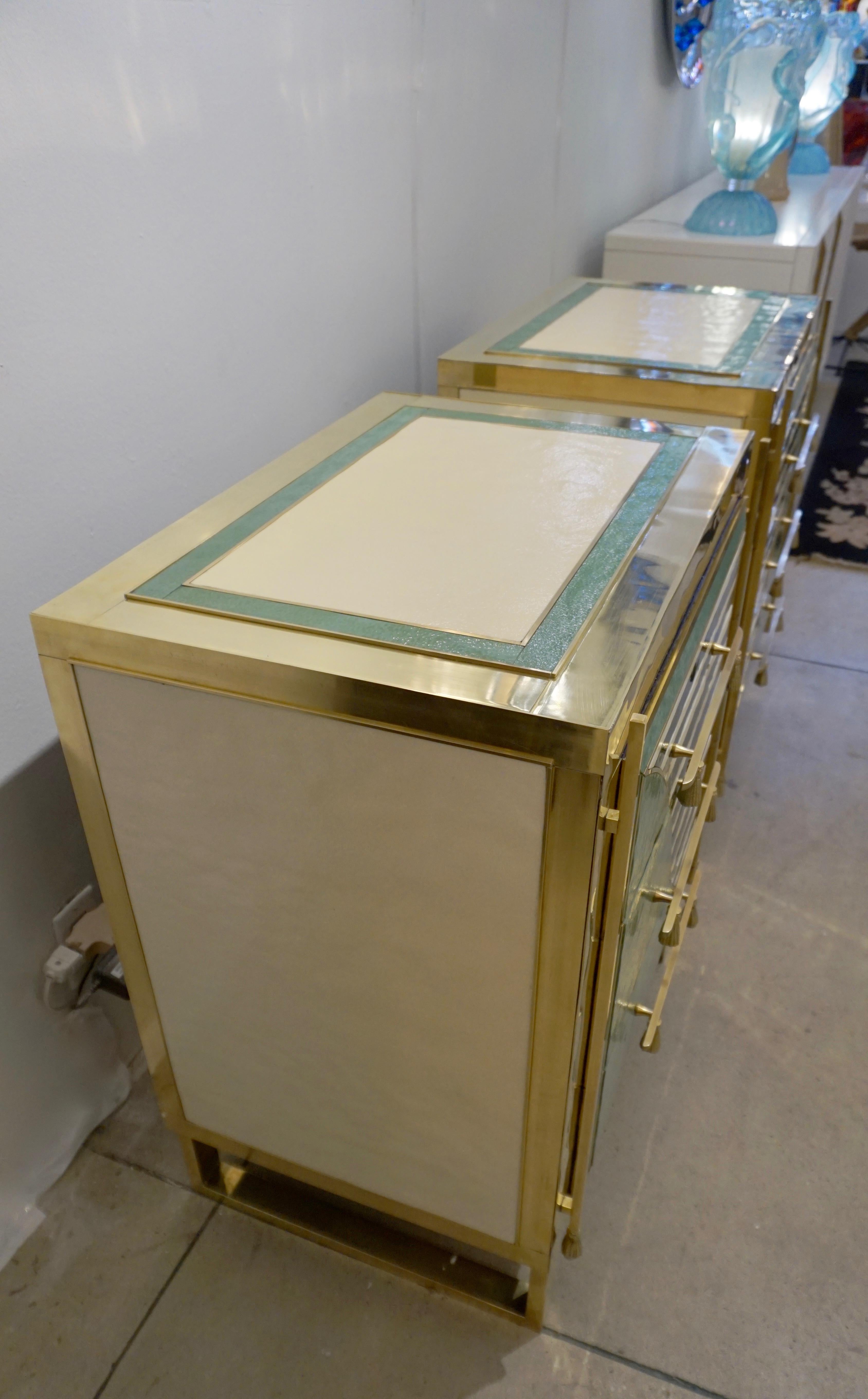 Hand-Crafted Italian Modern Pair of Geometric Green Ivory White and Brass Chests/Nightstands