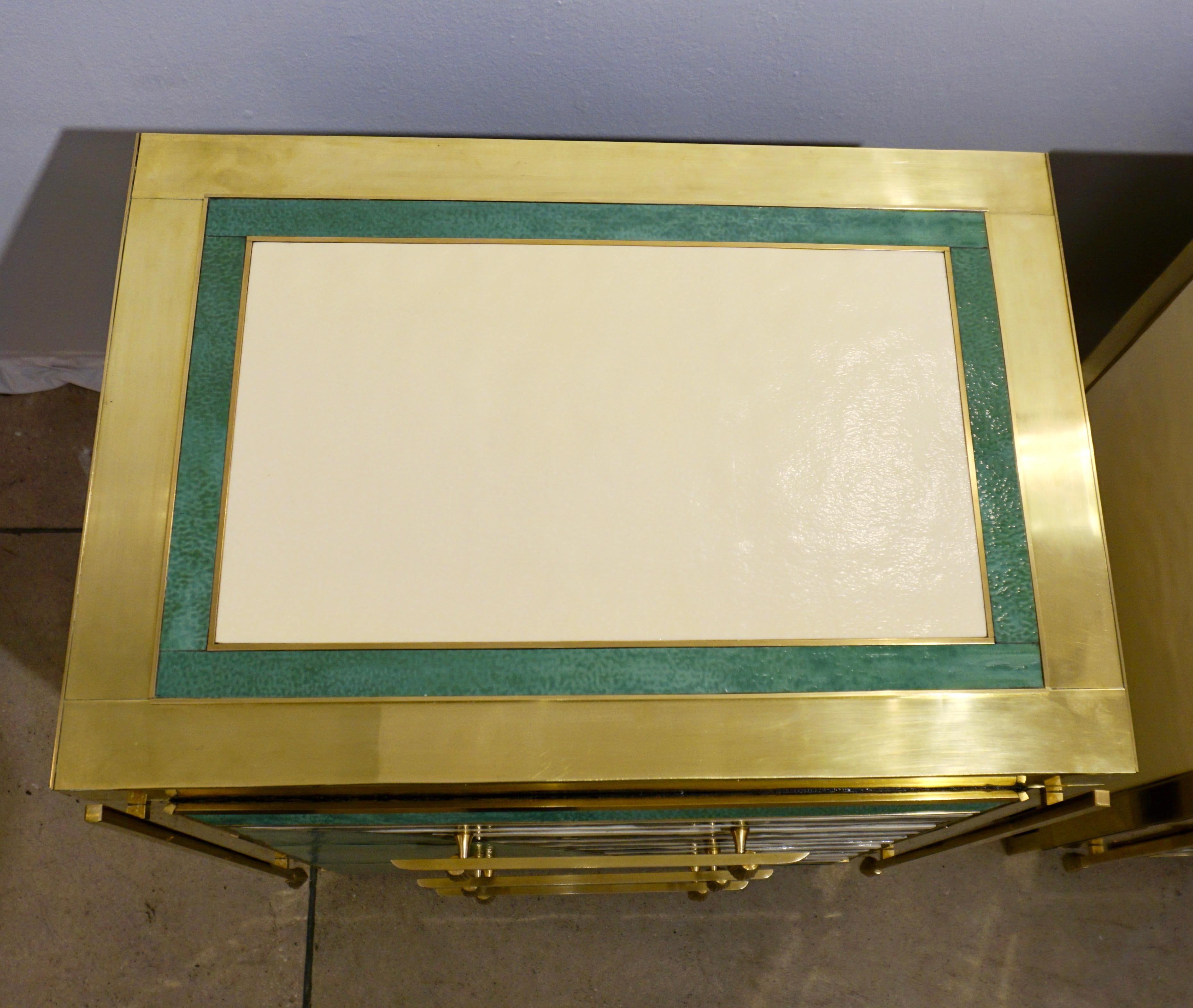 Contemporary Italian Modern Pair of Geometric Green Ivory White and Brass Chests/Nightstands