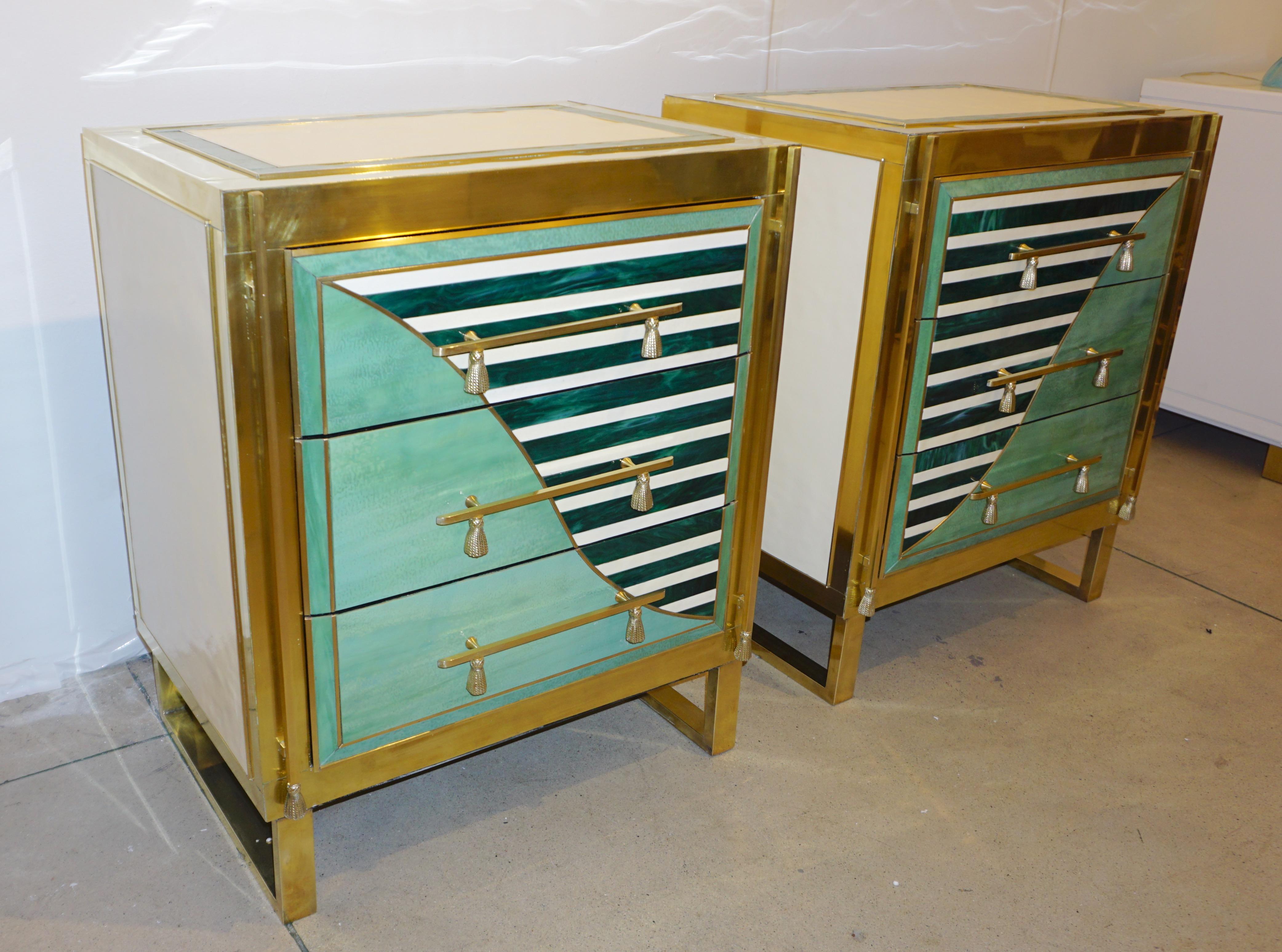 Italian Modern Pair of Geometric Green Ivory White and Brass Chests/Nightstands 1