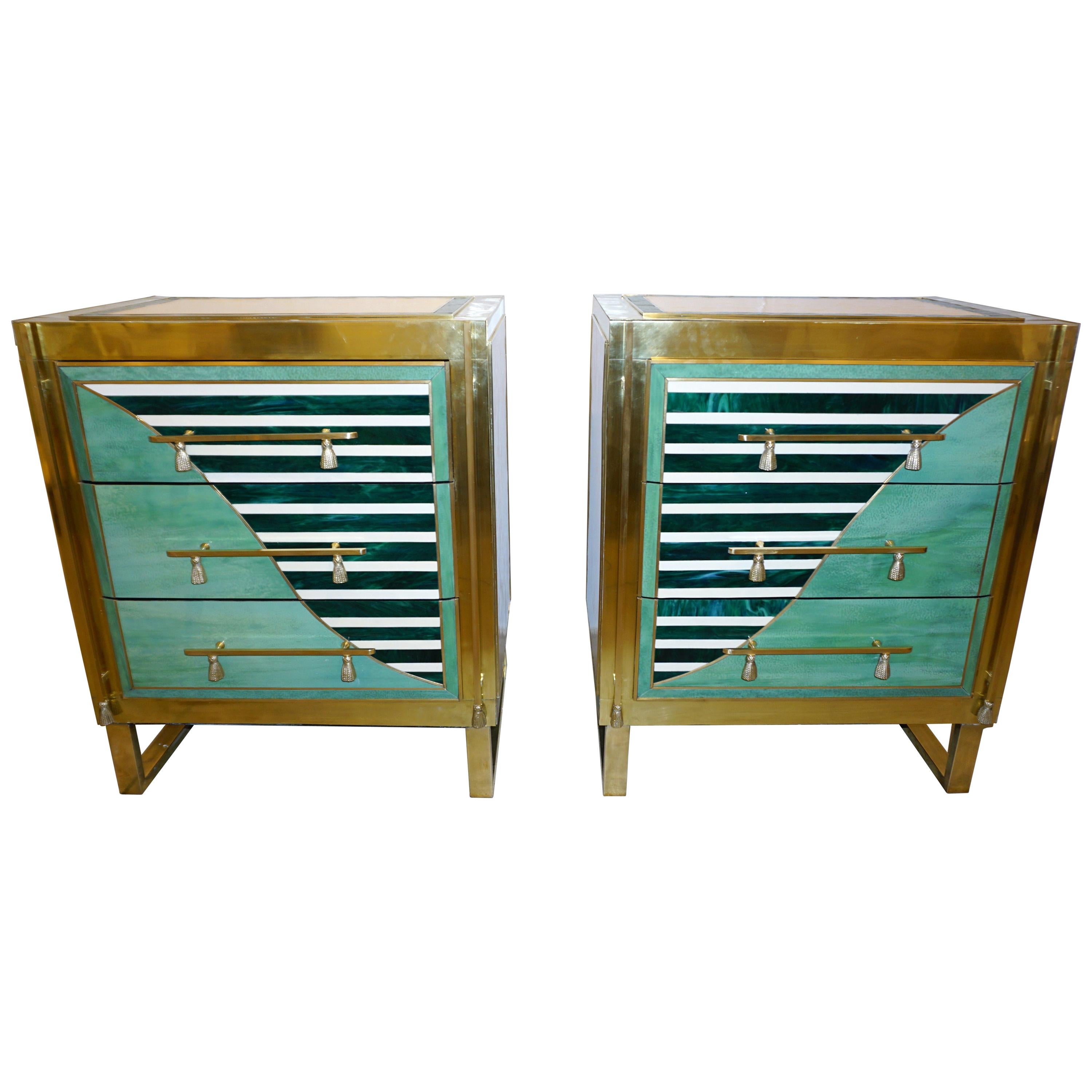 Italian Modern Pair of Geometric Green Ivory White and Brass Chests/Nightstands