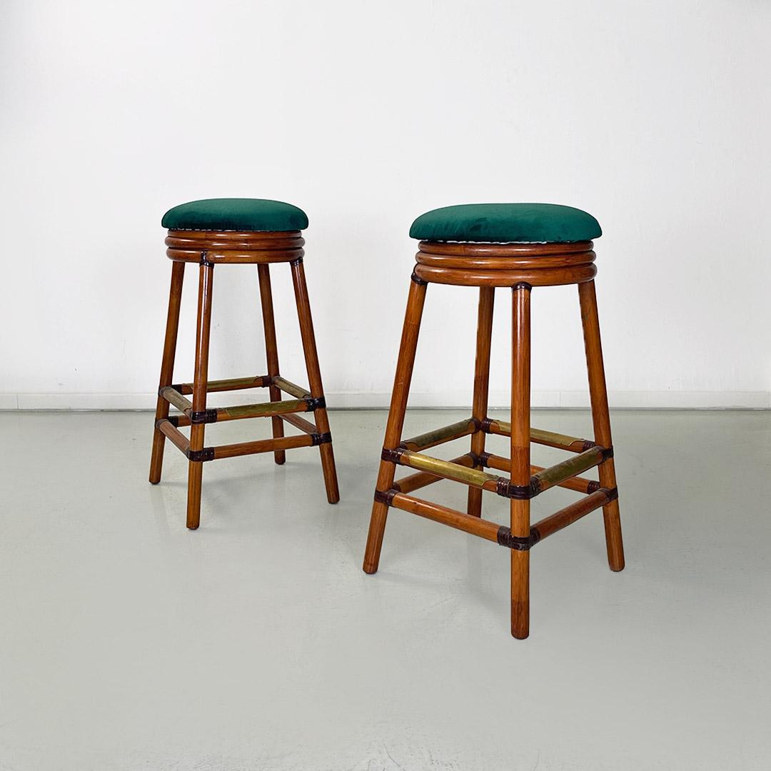 Italian modern pair of high forest green velvet and wood stools, 1970s For Sale 4