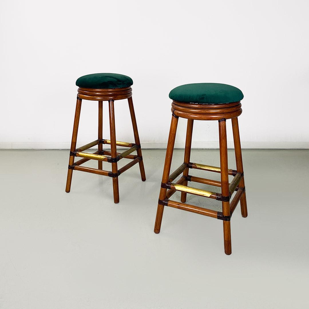 Italian modern pair of high forest green velvet and wood stools, 1970s For Sale 5