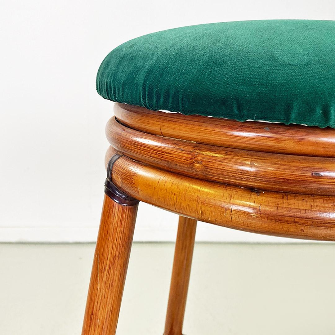 Late 20th Century Italian modern pair of high forest green velvet and wood stools, 1970s For Sale