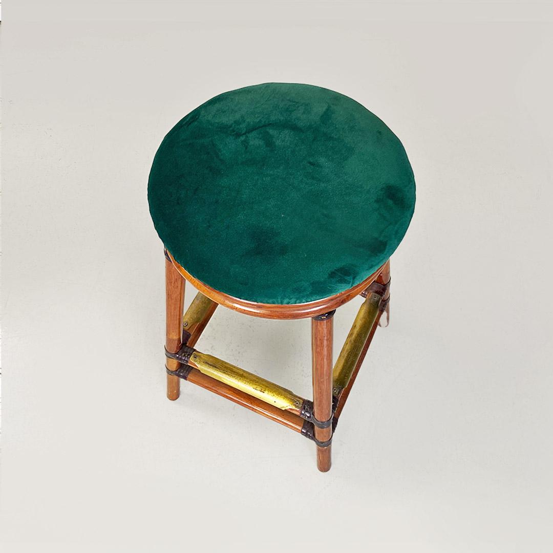 Velvet Italian modern pair of high forest green velvet and wood stools, 1970s For Sale