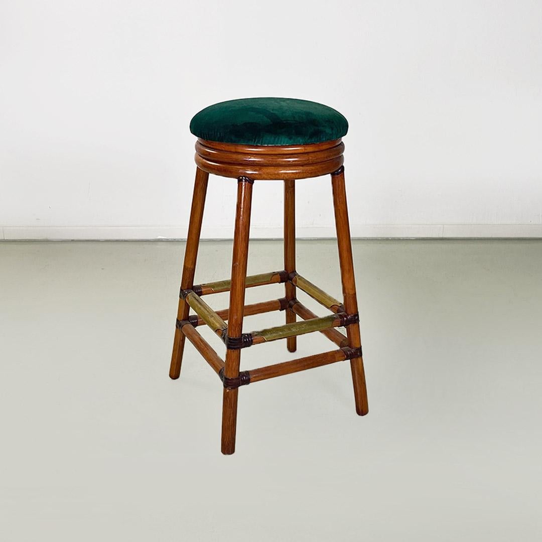 Italian modern pair of high forest green velvet and wood stools, 1970s For Sale 1