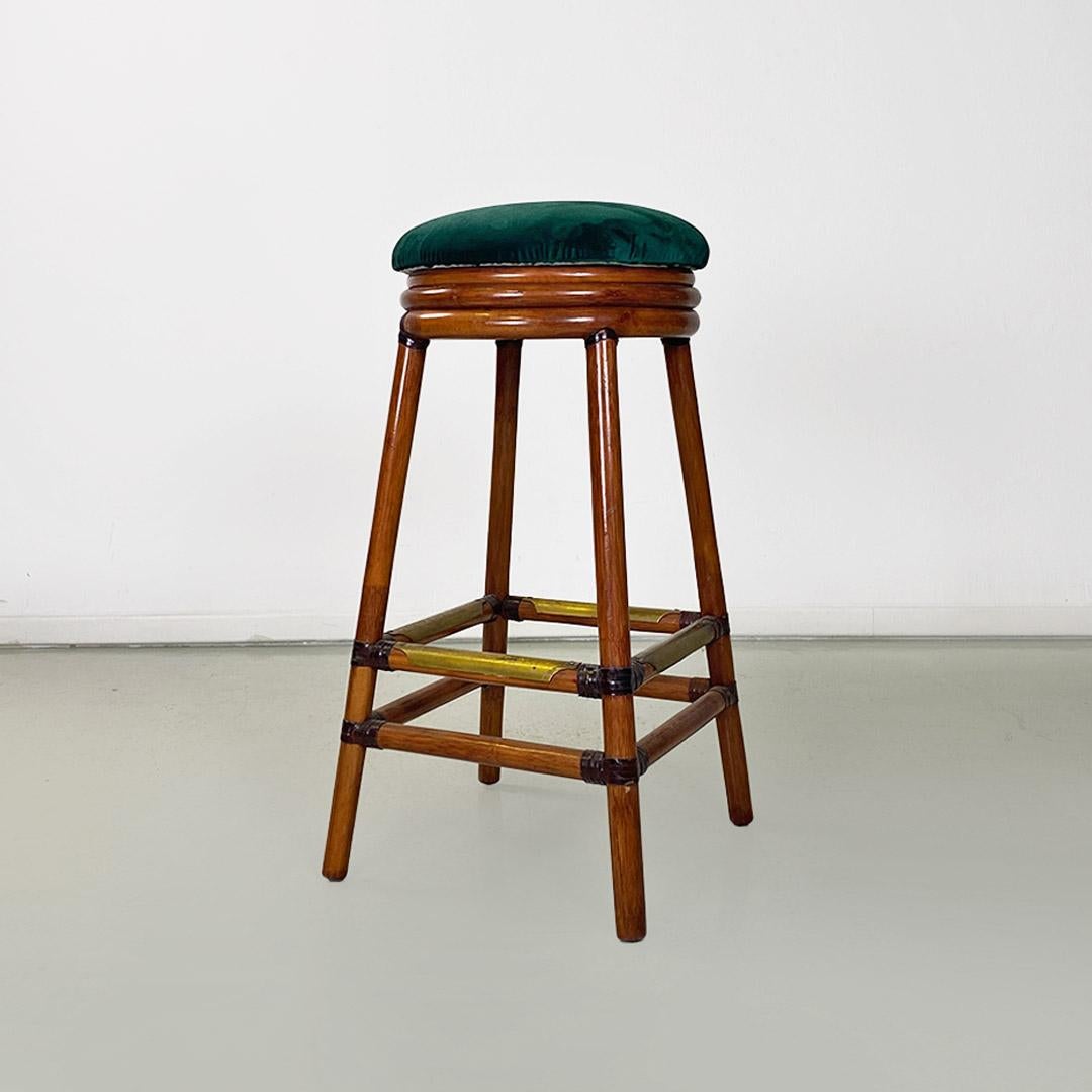Italian modern pair of high forest green velvet and wood stools, 1970s For Sale 2