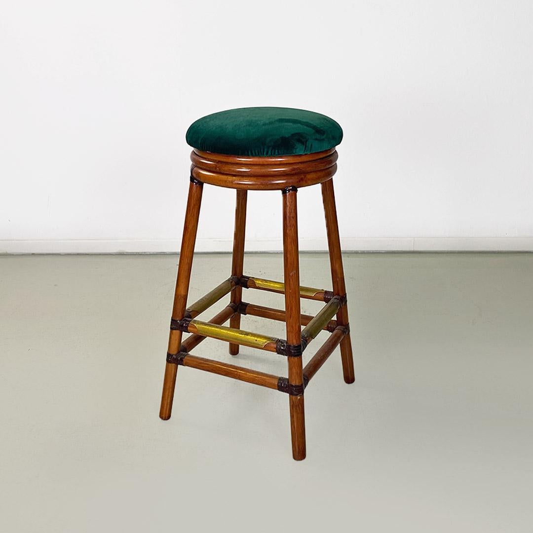 Italian modern pair of high forest green velvet and wood stools, 1970s For Sale 3