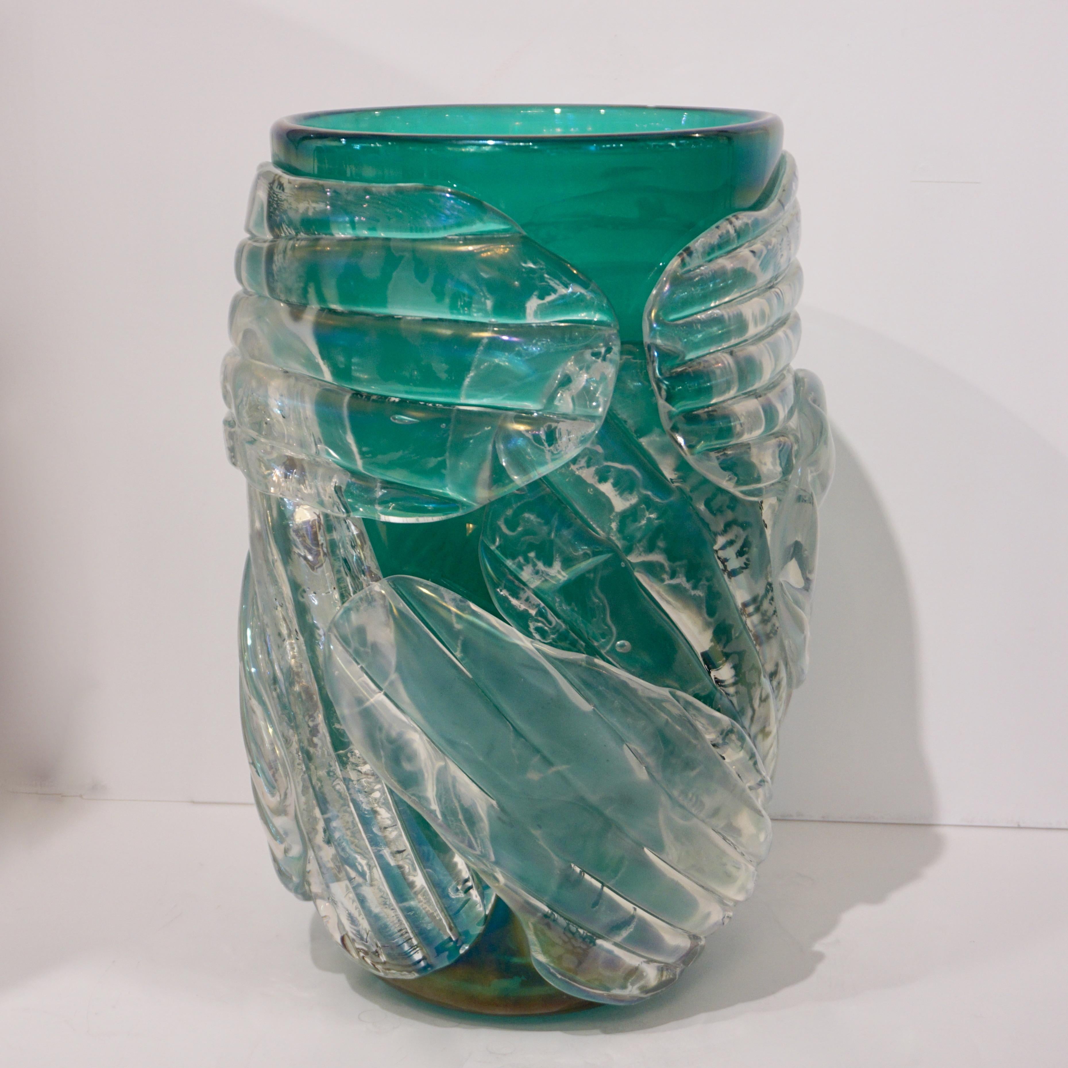 Italian Modern Pair of Iridescent Emerald Green Murano Glass Sculpture Vases 3