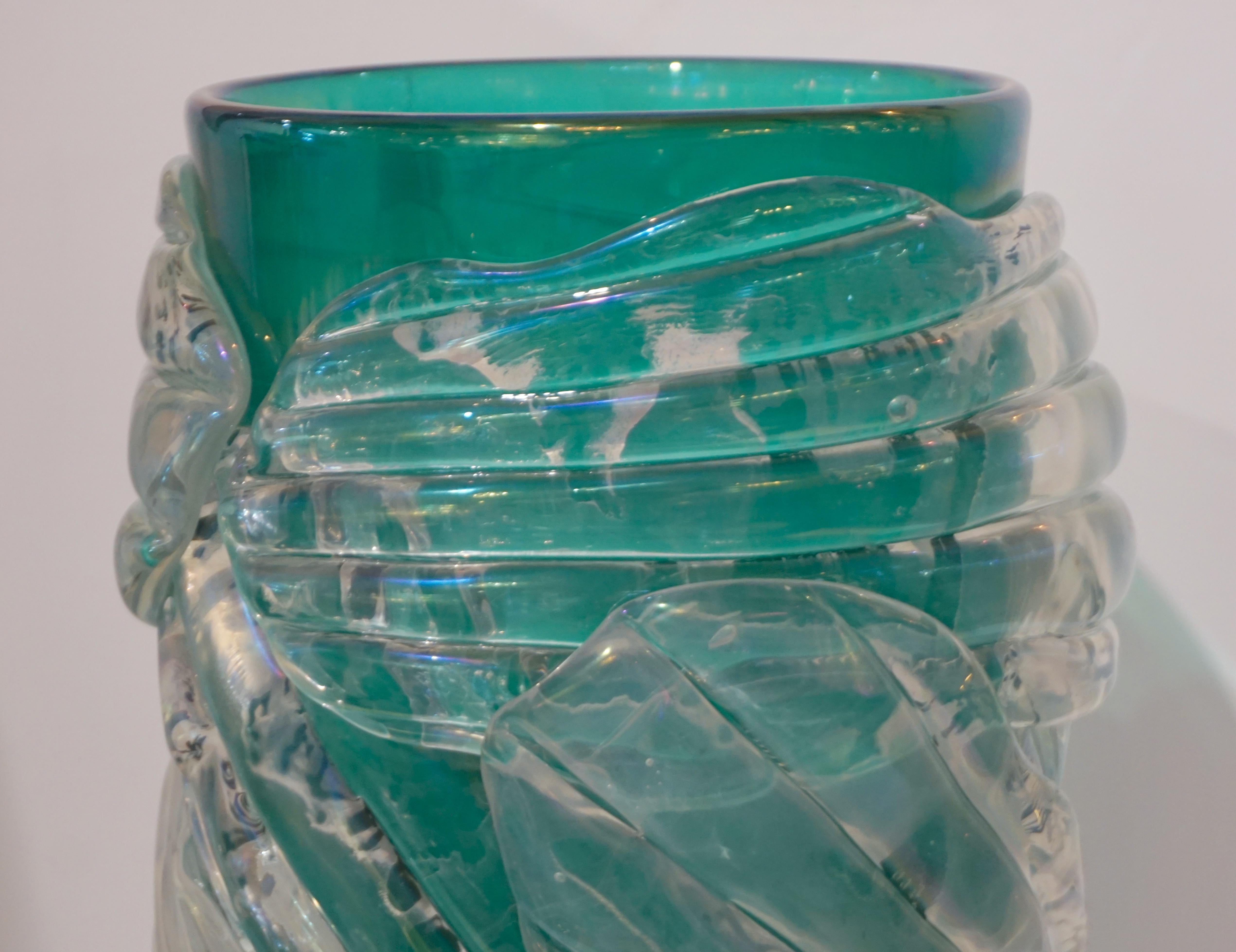 Italian Modern Pair of Iridescent Emerald Green Murano Glass Sculpture Vases 5