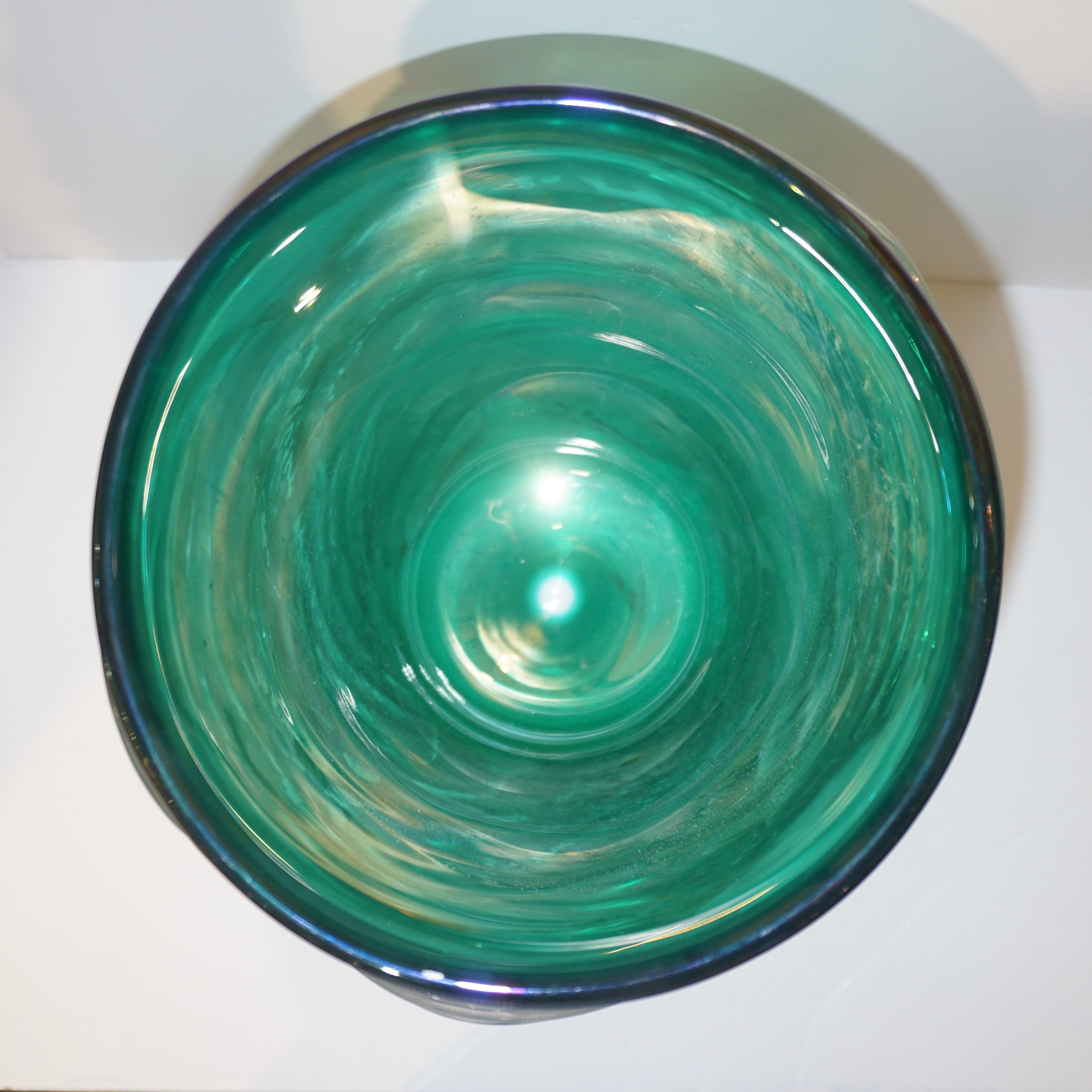 Italian Modern Pair of Iridescent Emerald Green Murano Glass Sculpture Vases 6