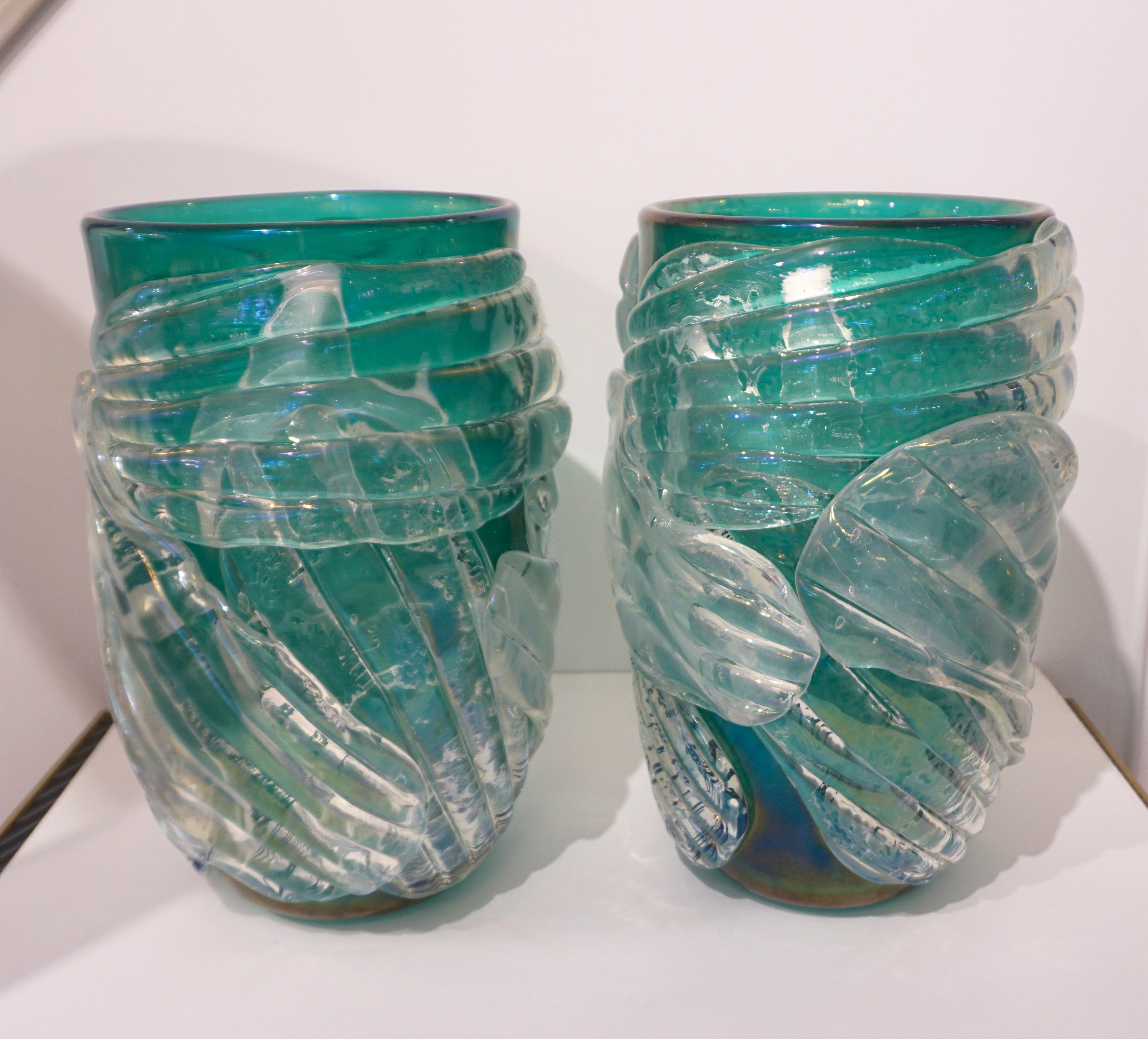 Italian Modern Pair of Iridescent Emerald Green Murano Glass Sculpture Vases 8