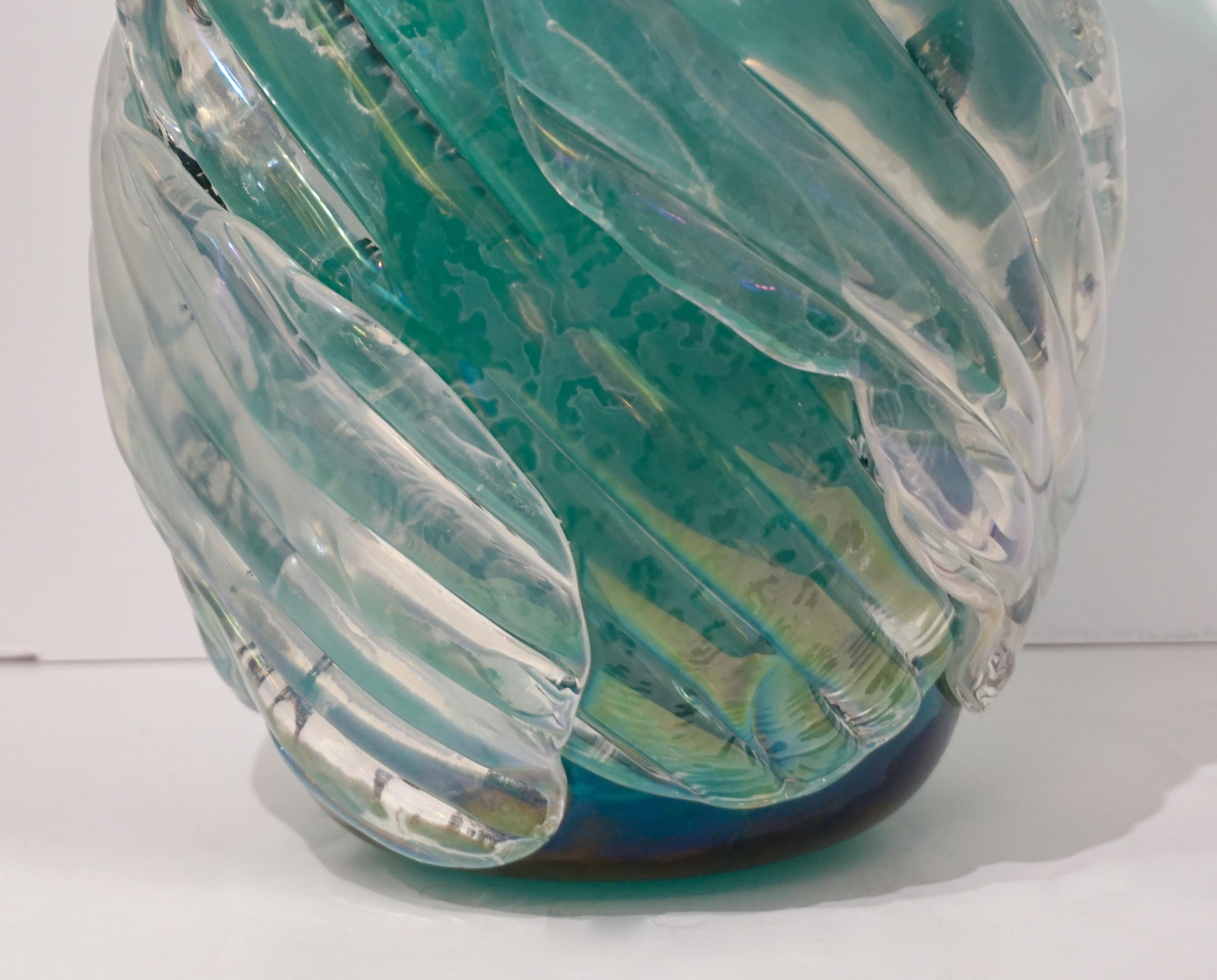 Organic Modern Italian Modern Pair of Iridescent Emerald Green Murano Glass Sculpture Vases