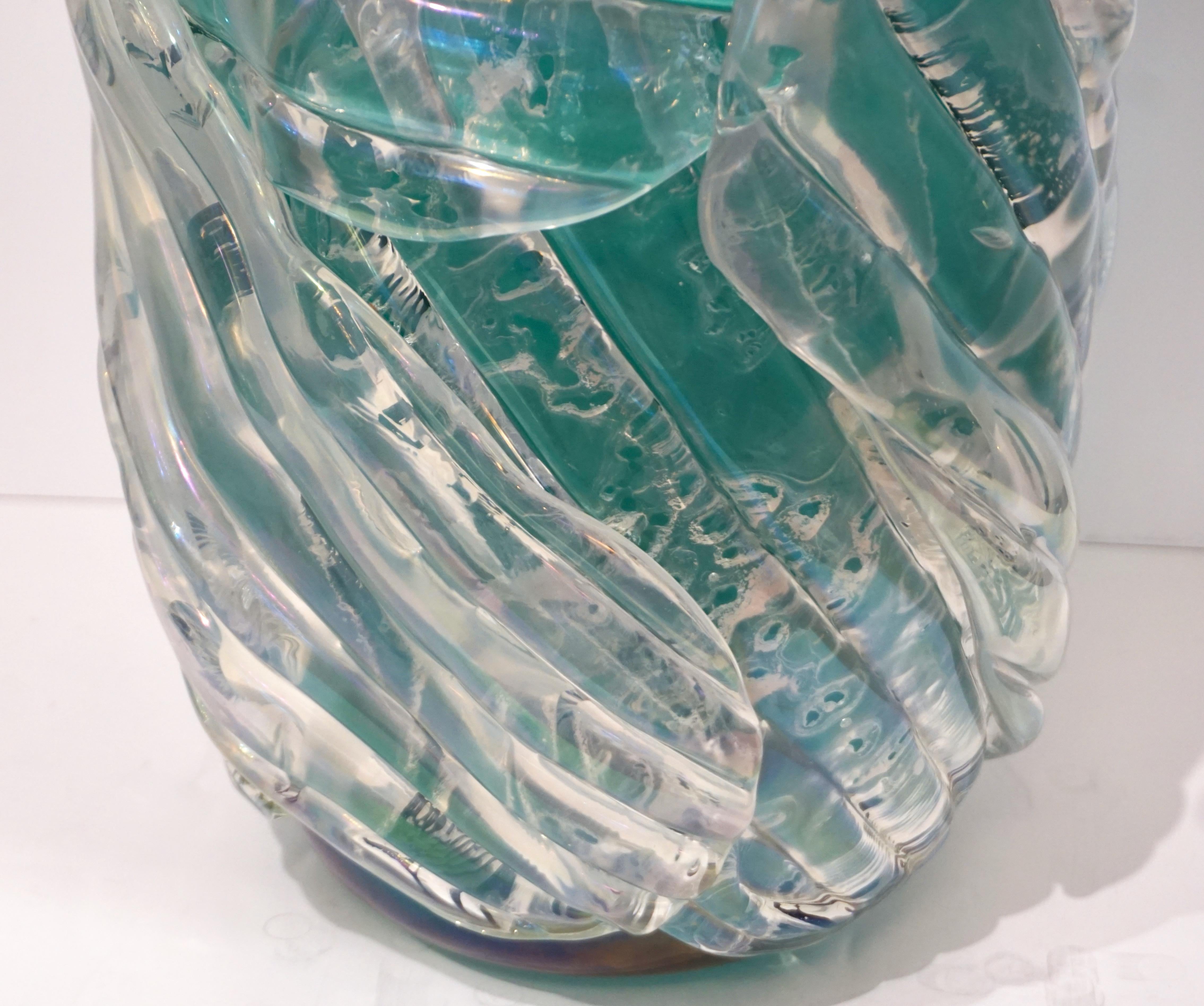Hand-Crafted Italian Modern Pair of Iridescent Emerald Green Murano Glass Sculpture Vases