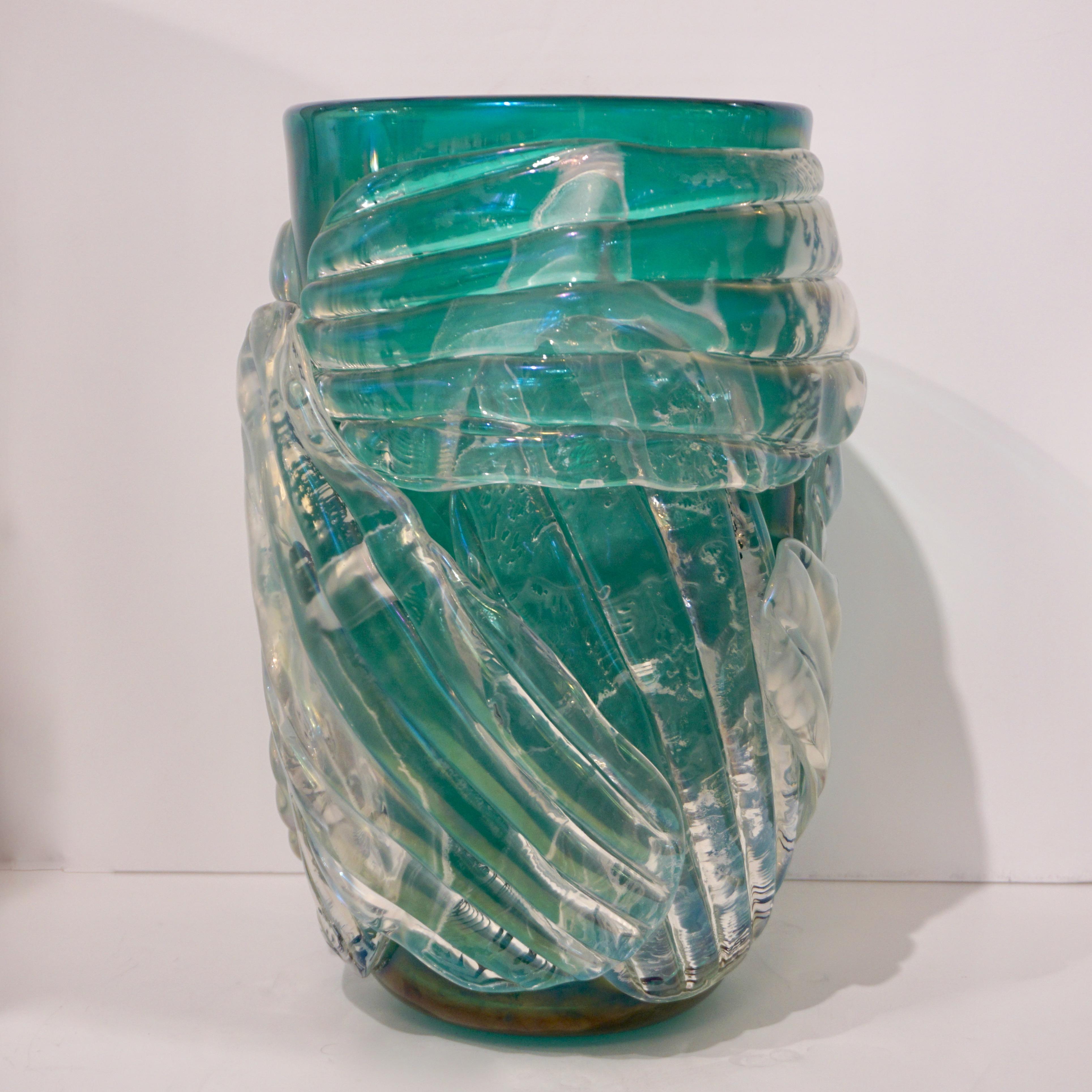 Art Glass Italian Modern Pair of Iridescent Emerald Green Murano Glass Sculpture Vases