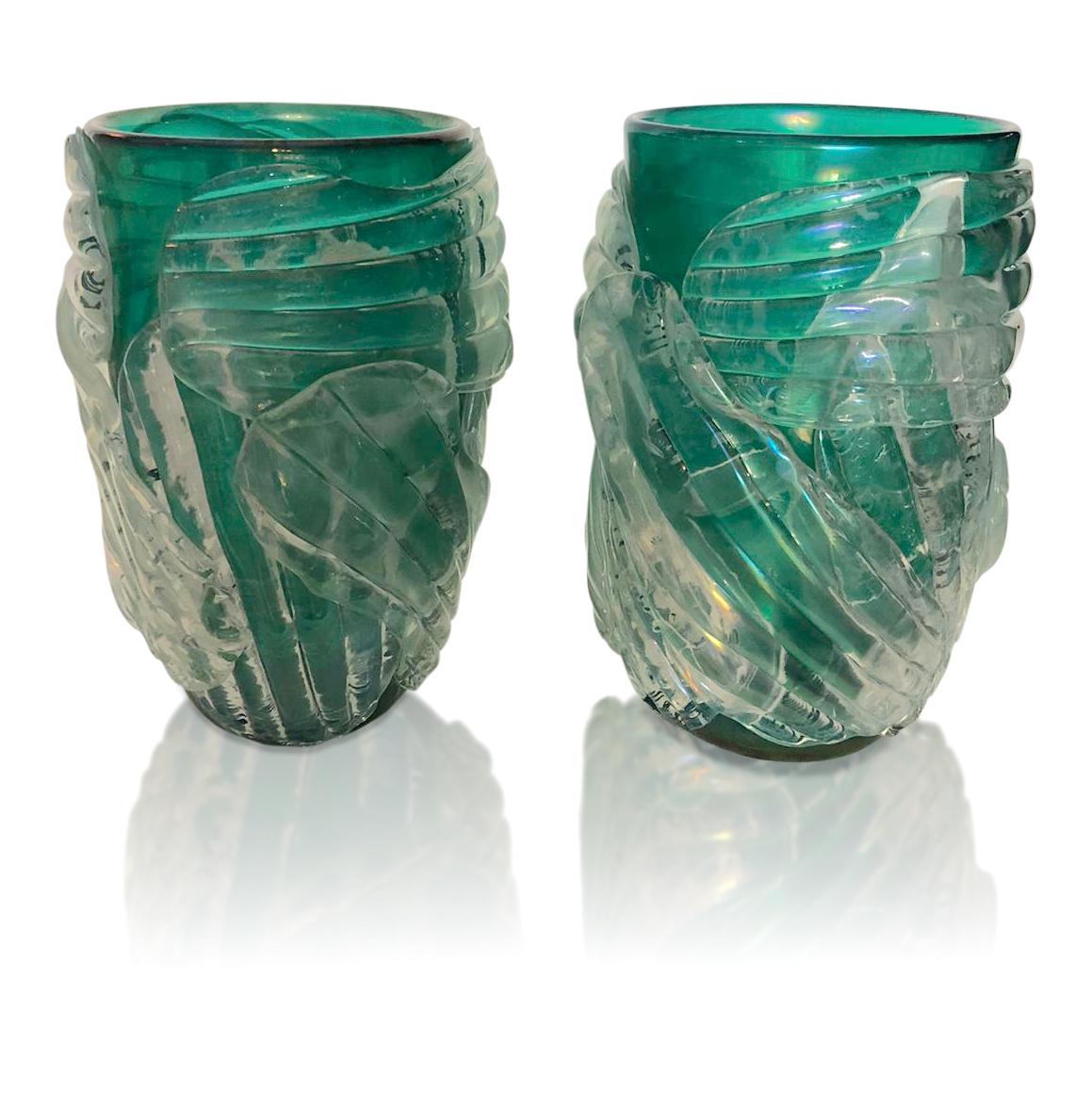 Italian Modern Pair of Iridescent Emerald Green Murano Glass Sculpture Vases 1