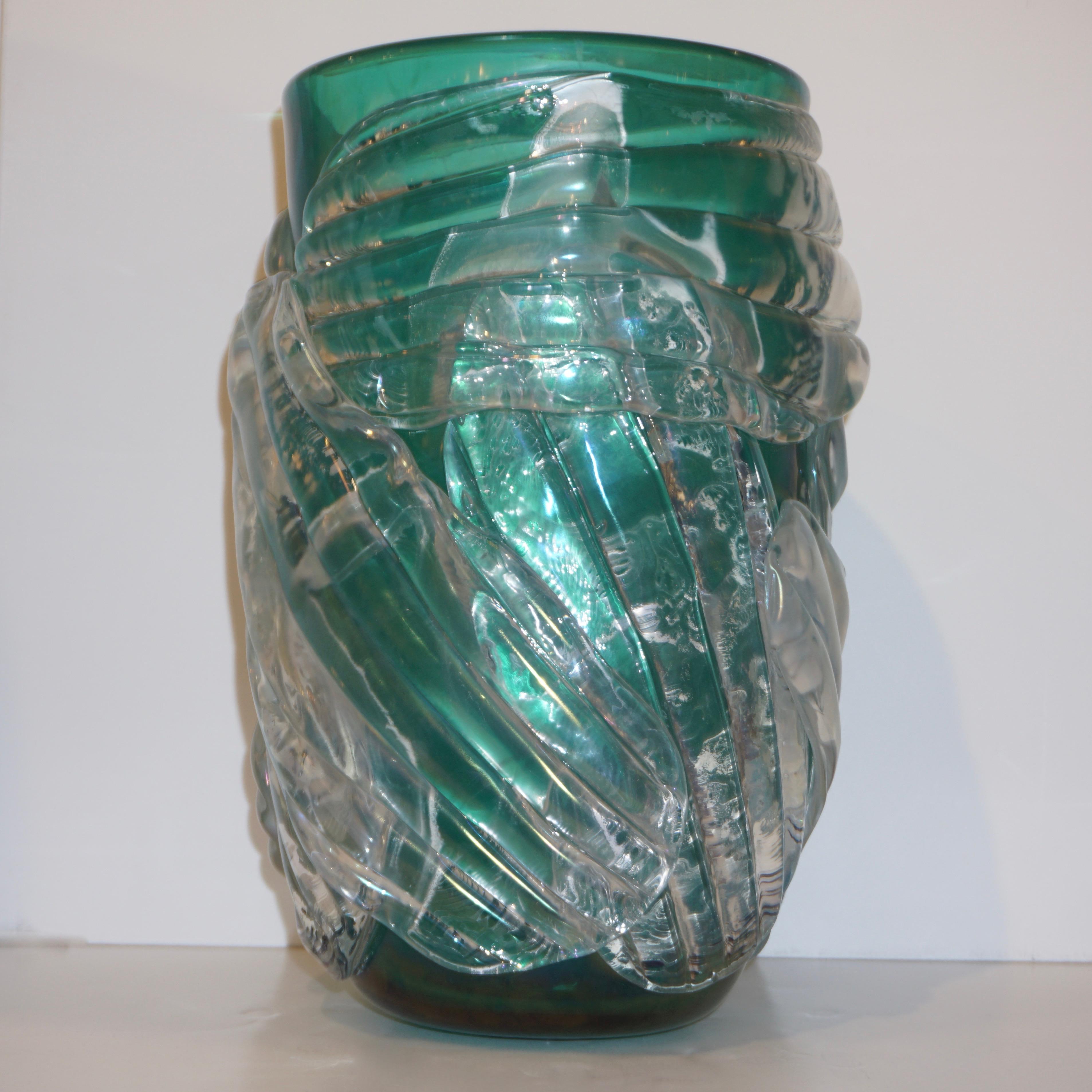 Italian Modern Pair of Iridescent Emerald Green Murano Glass Sculpture Vases 2