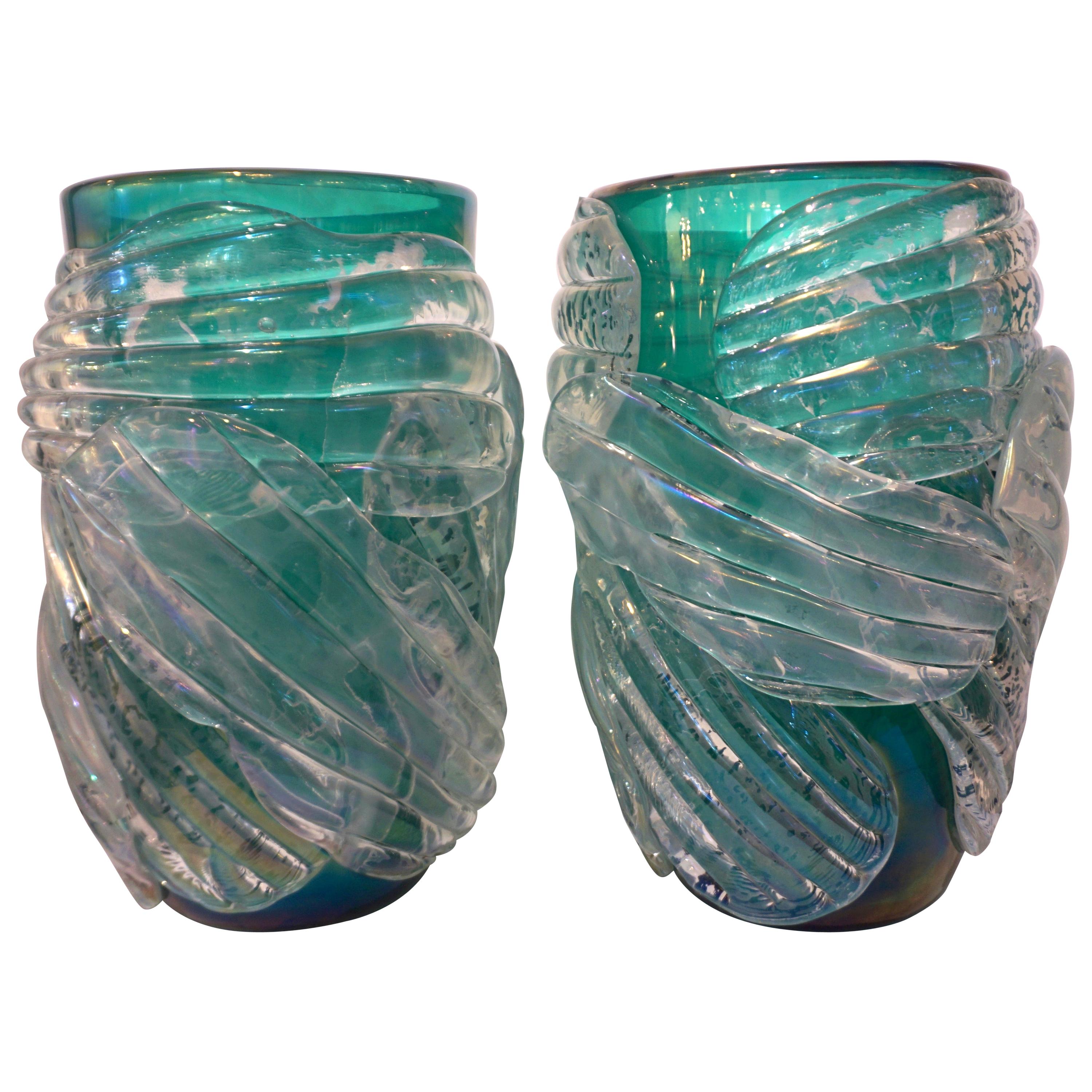Italian Modern Pair of Iridescent Emerald Green Murano Glass Sculpture Vases