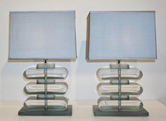 Italian Modern Pair of Nickel and Smoked Aqua Murano Glass Architectural Lamps