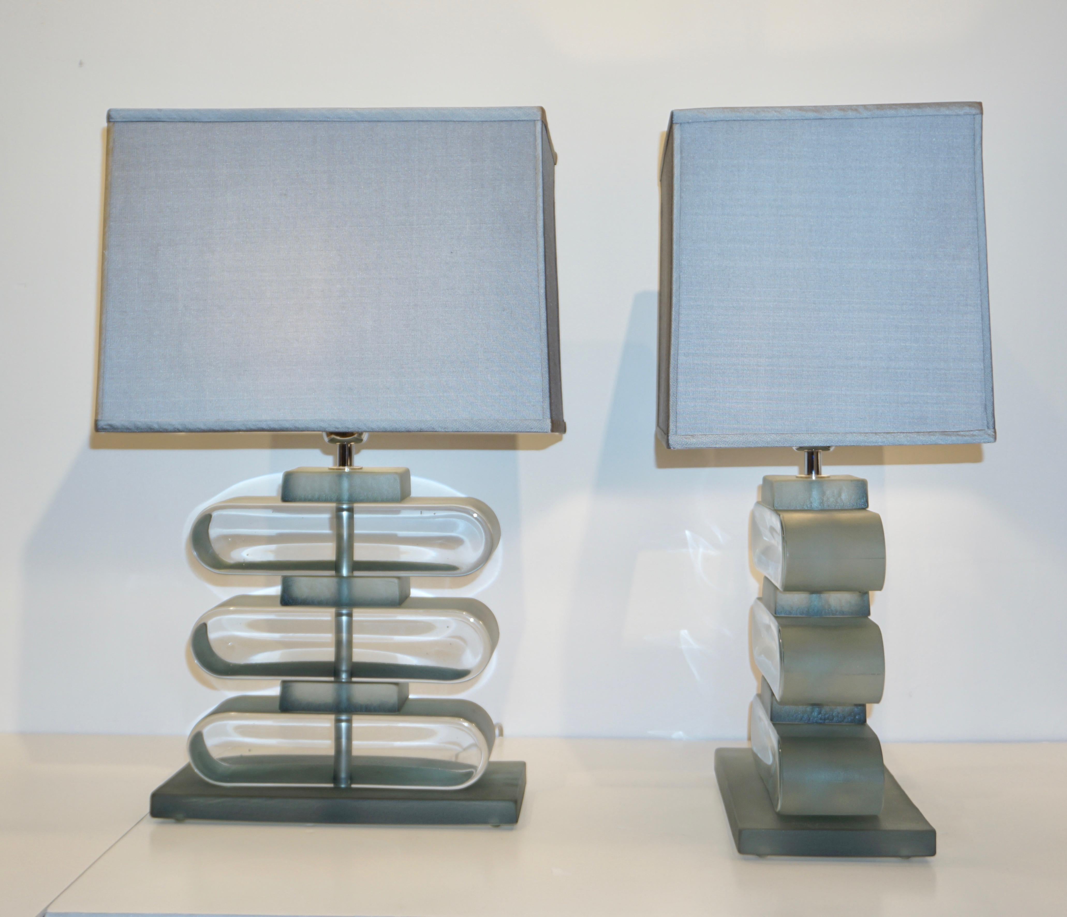 Hand-Crafted Italian Modern Pair of Nickel and Smoked Aqua Murano Glass Architectural Lamps For Sale