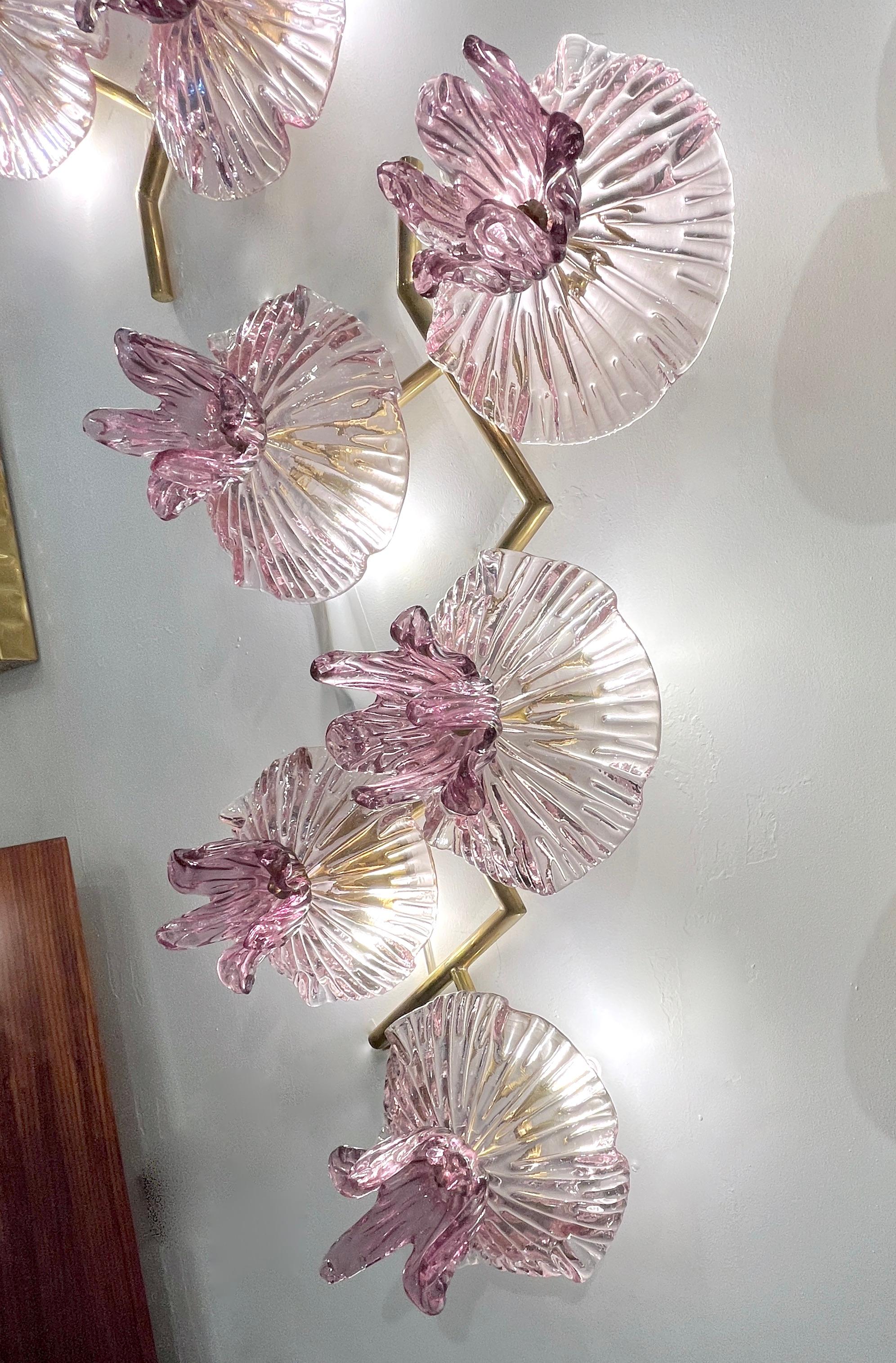 Italian Modern Pair of Pink Amethyst Murano Glass Flower Branch Wall Sconces For Sale 4