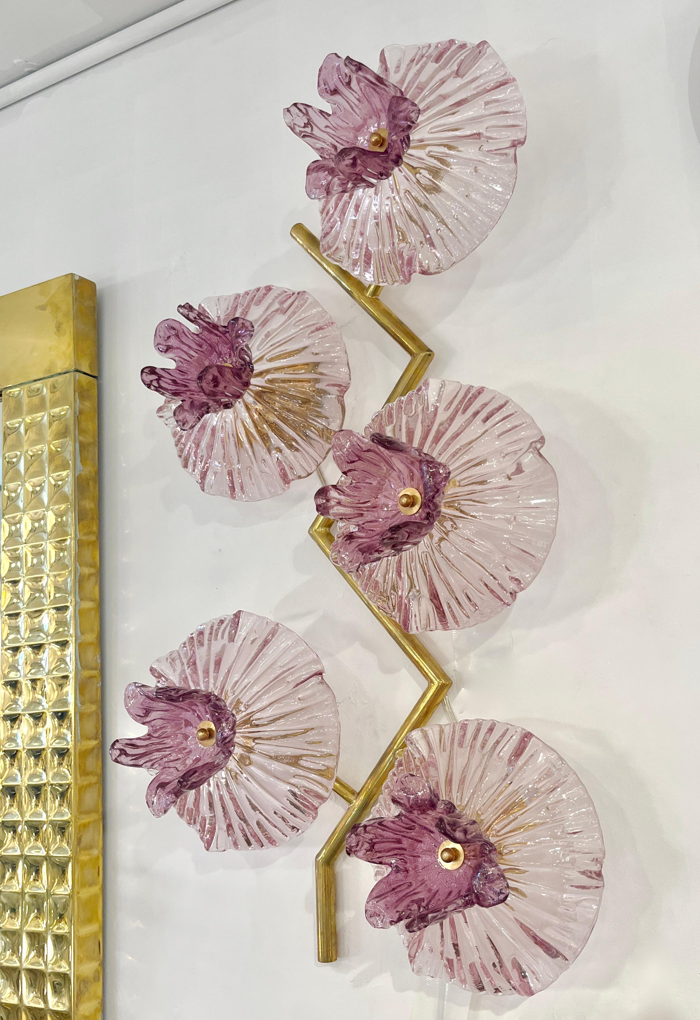 Italian Modern Pair of Pink Amethyst Murano Glass Flower Branch Wall Sconces For Sale 3