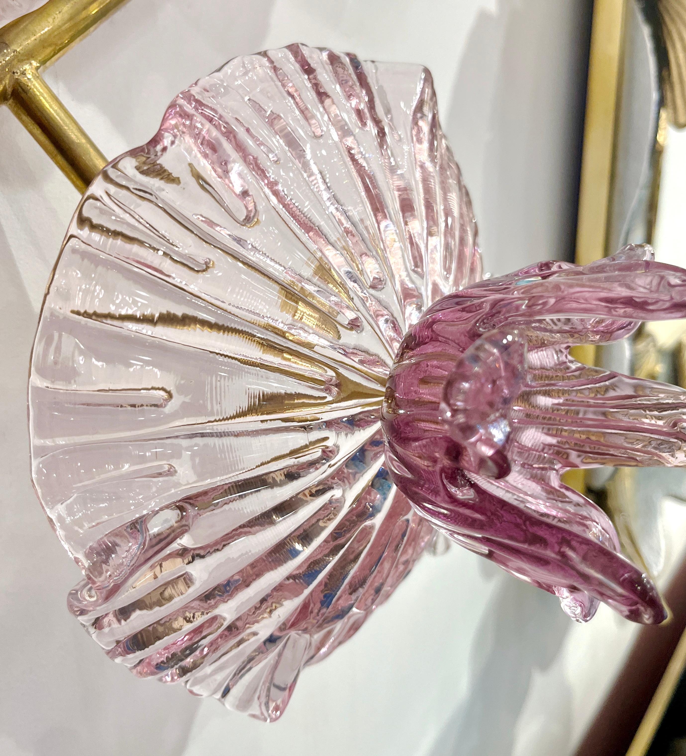 Italian Modern Pair of Pink Amethyst Murano Glass Flower Branch Wall Sconces For Sale 4