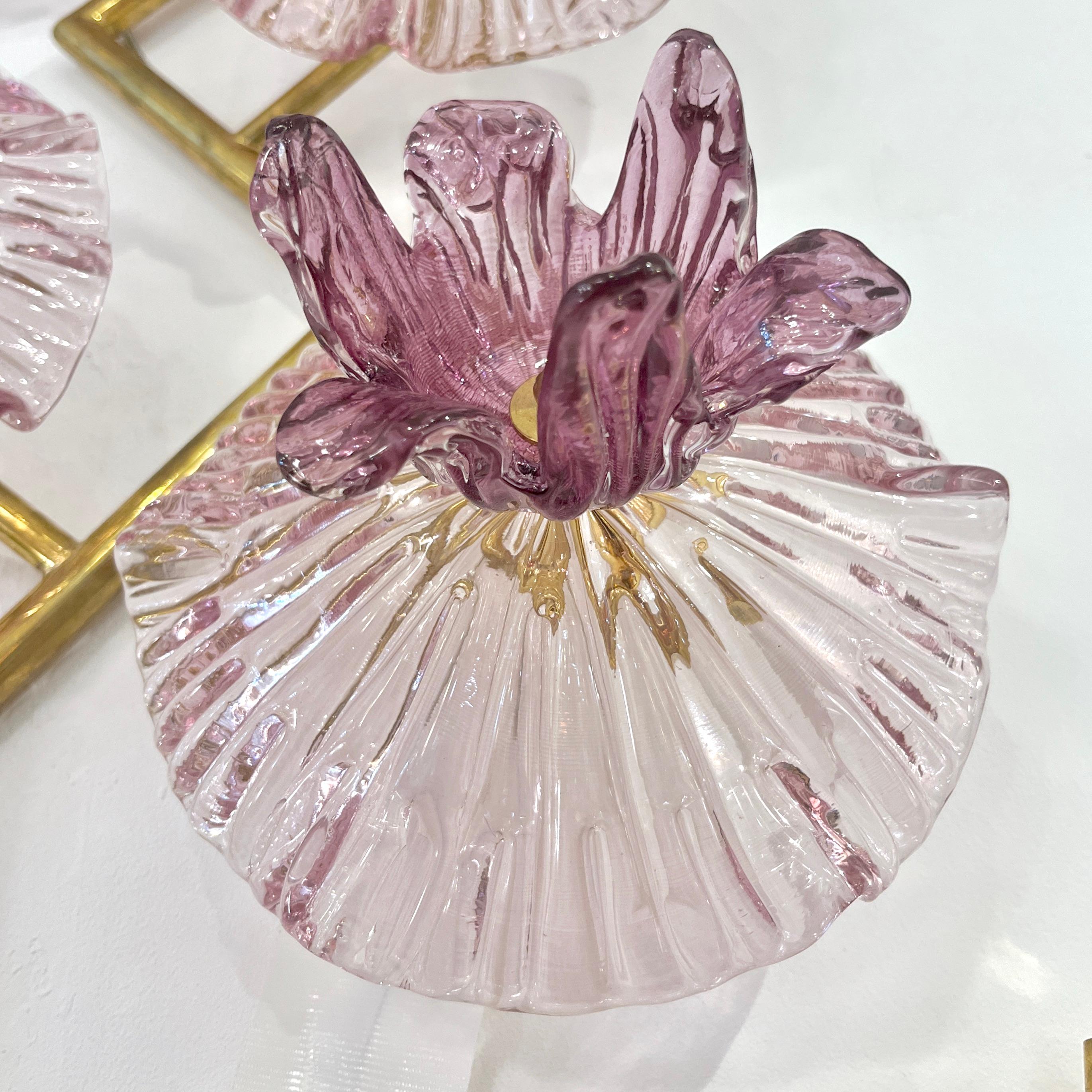 Italian Modern Pair of Pink Amethyst Murano Glass Flower Branch Wall Sconces For Sale 6
