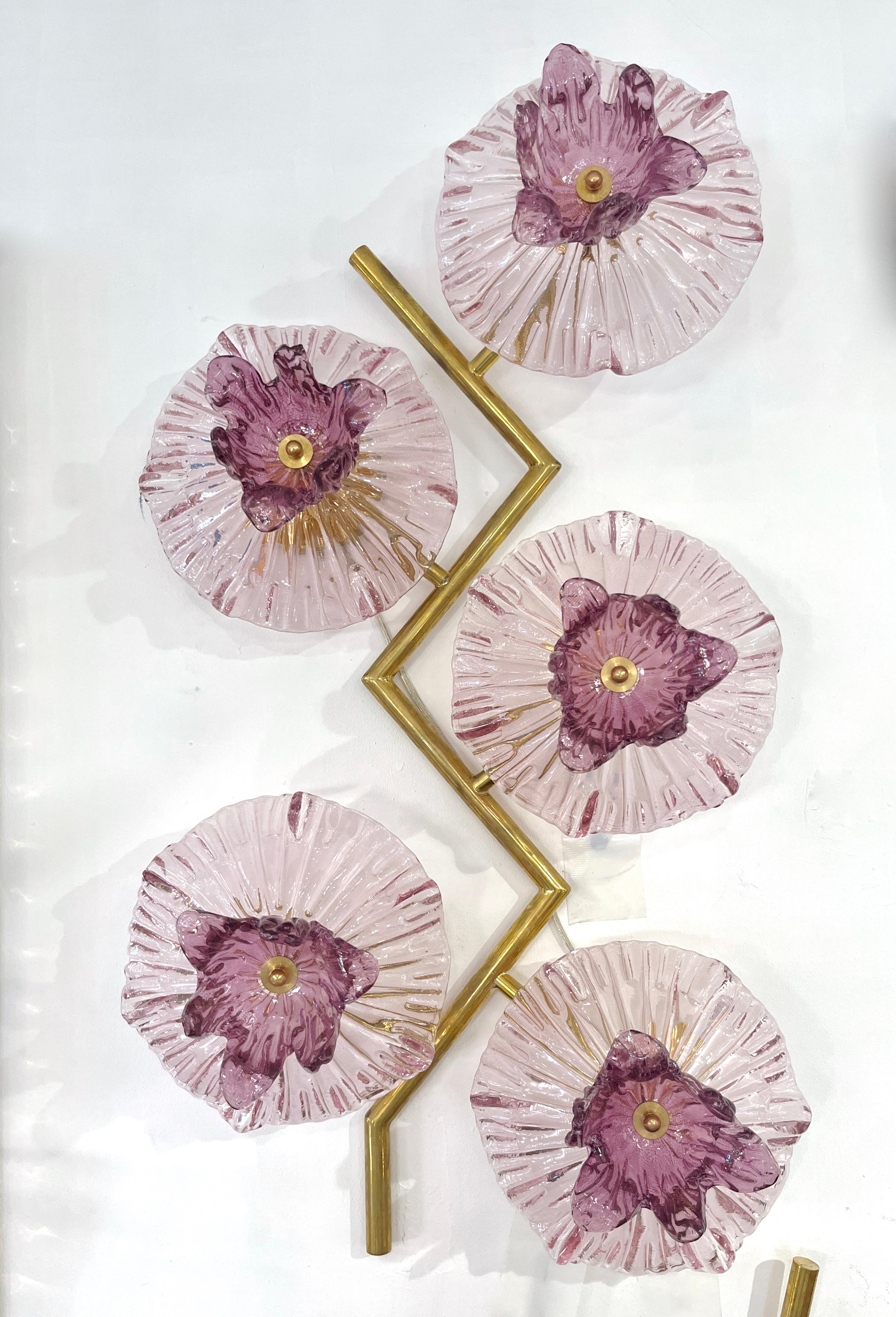 Italian Modern Pair of Pink Amethyst Murano Glass Flower Branch Wall Sconces For Sale 8