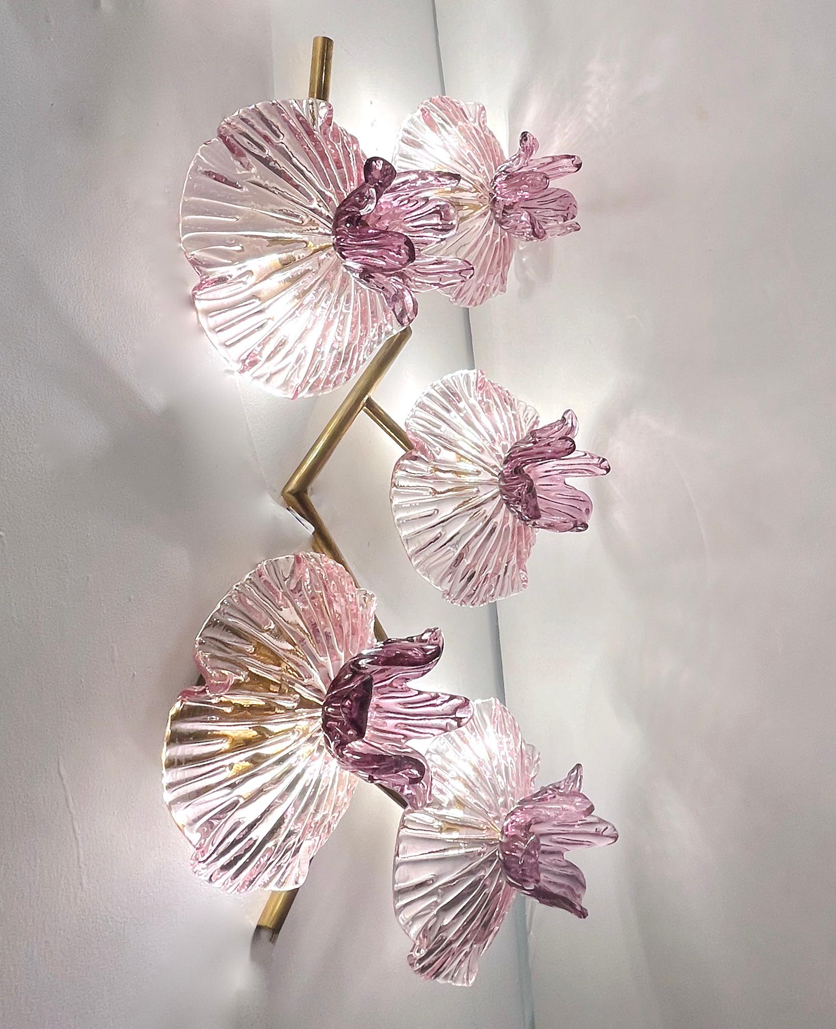 Italian Modern Pair of Pink Amethyst Murano Glass Flower Branch Wall Sconces For Sale 10