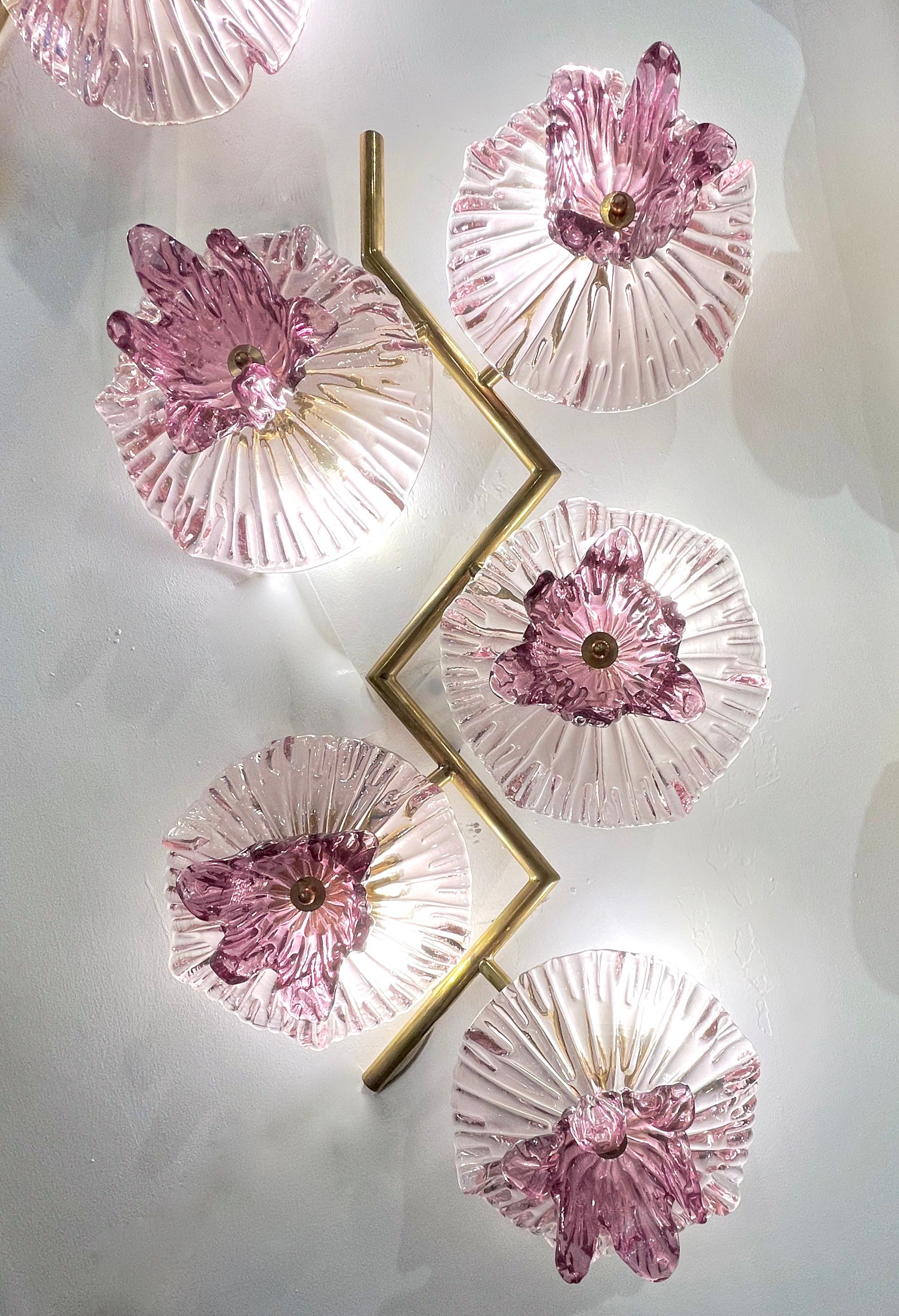 Italian Modern Pair of Pink Amethyst Murano Glass Flower Branch Wall Sconces For Sale 12