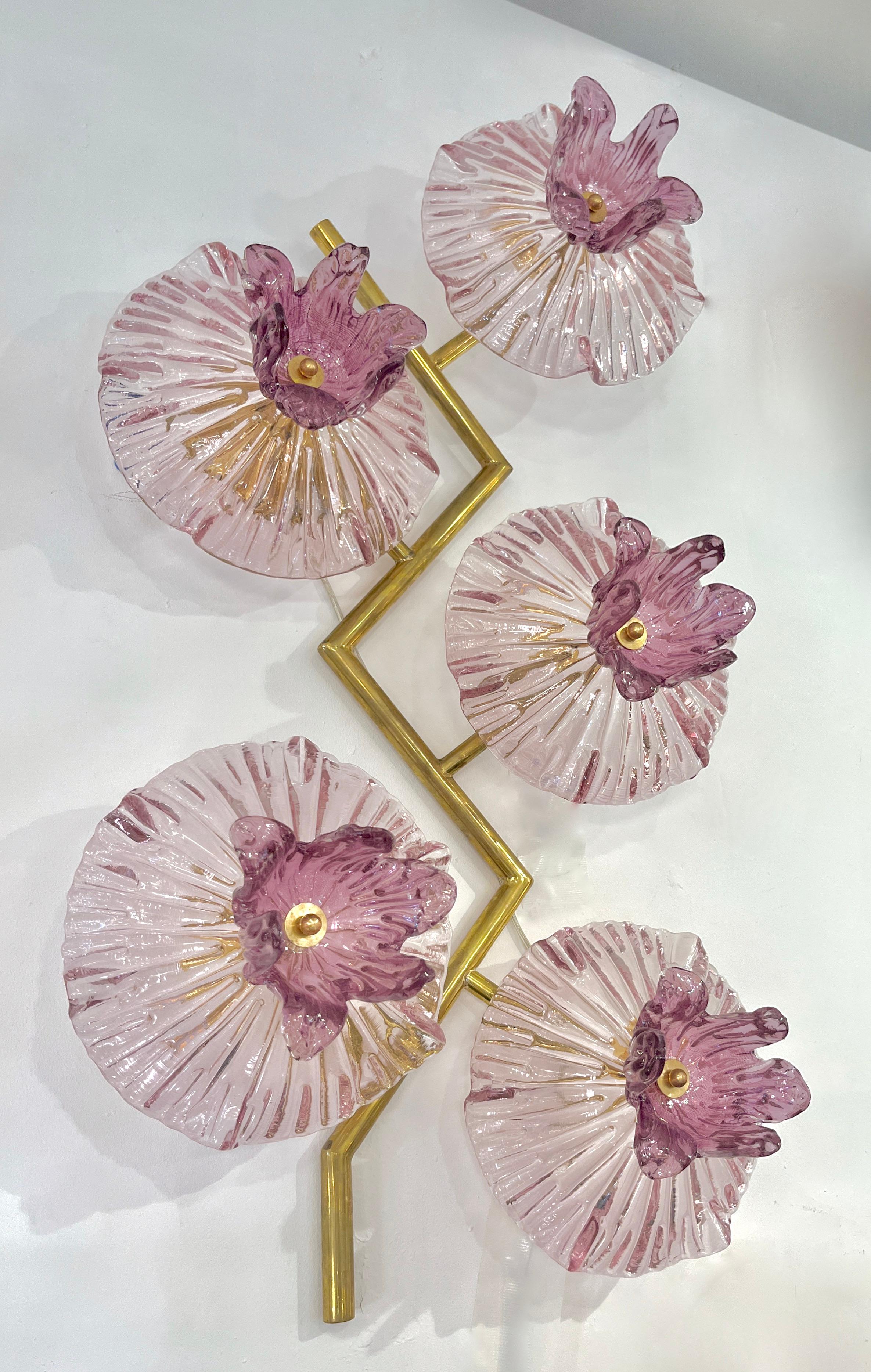 Italian Modern Pair of Pink Amethyst Murano Glass Flower Branch Wall Sconces For Sale 13