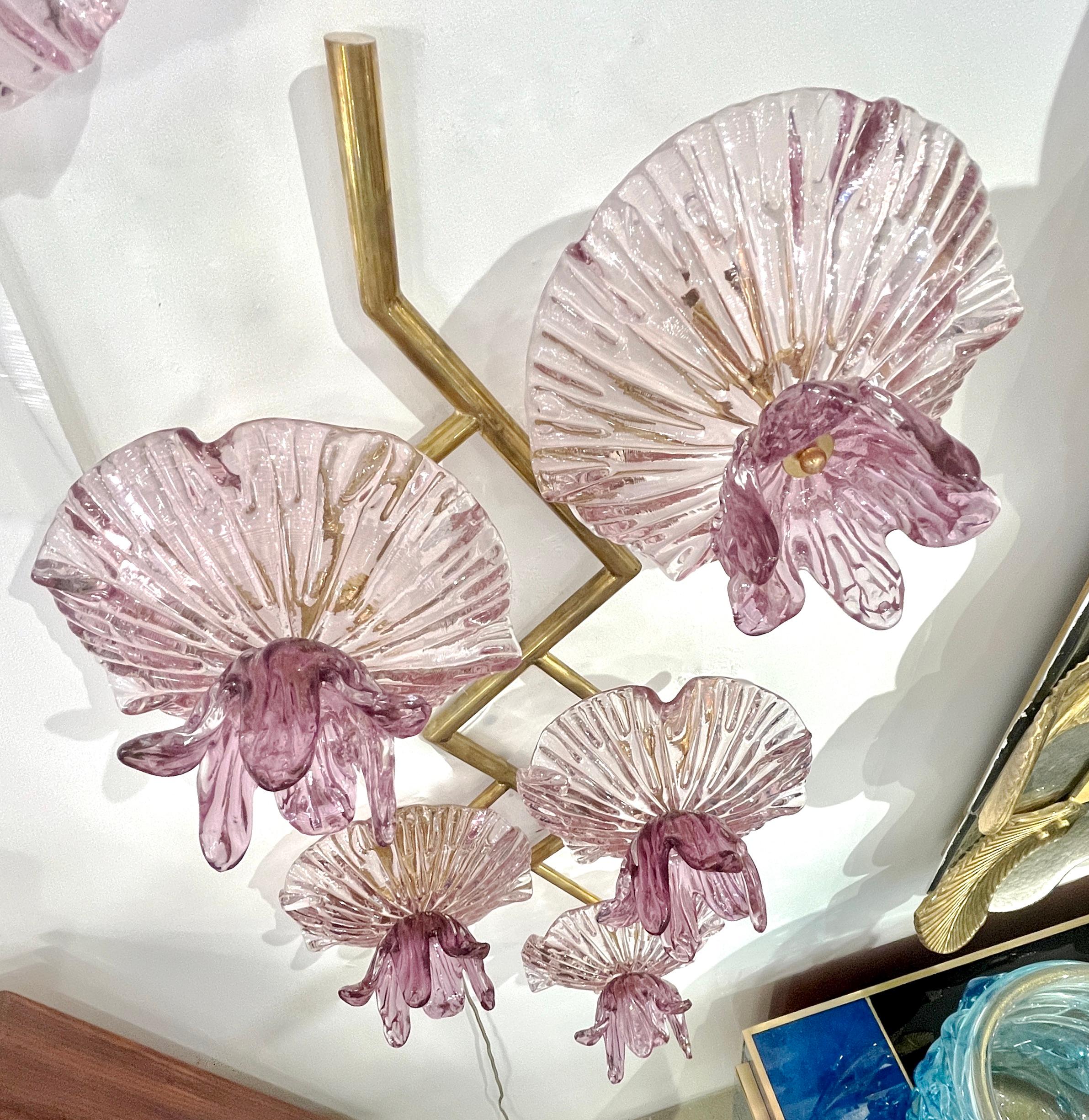 Mid-Century Modern Italian Modern Pair of Pink Amethyst Murano Glass Flower Branch Wall Sconces For Sale