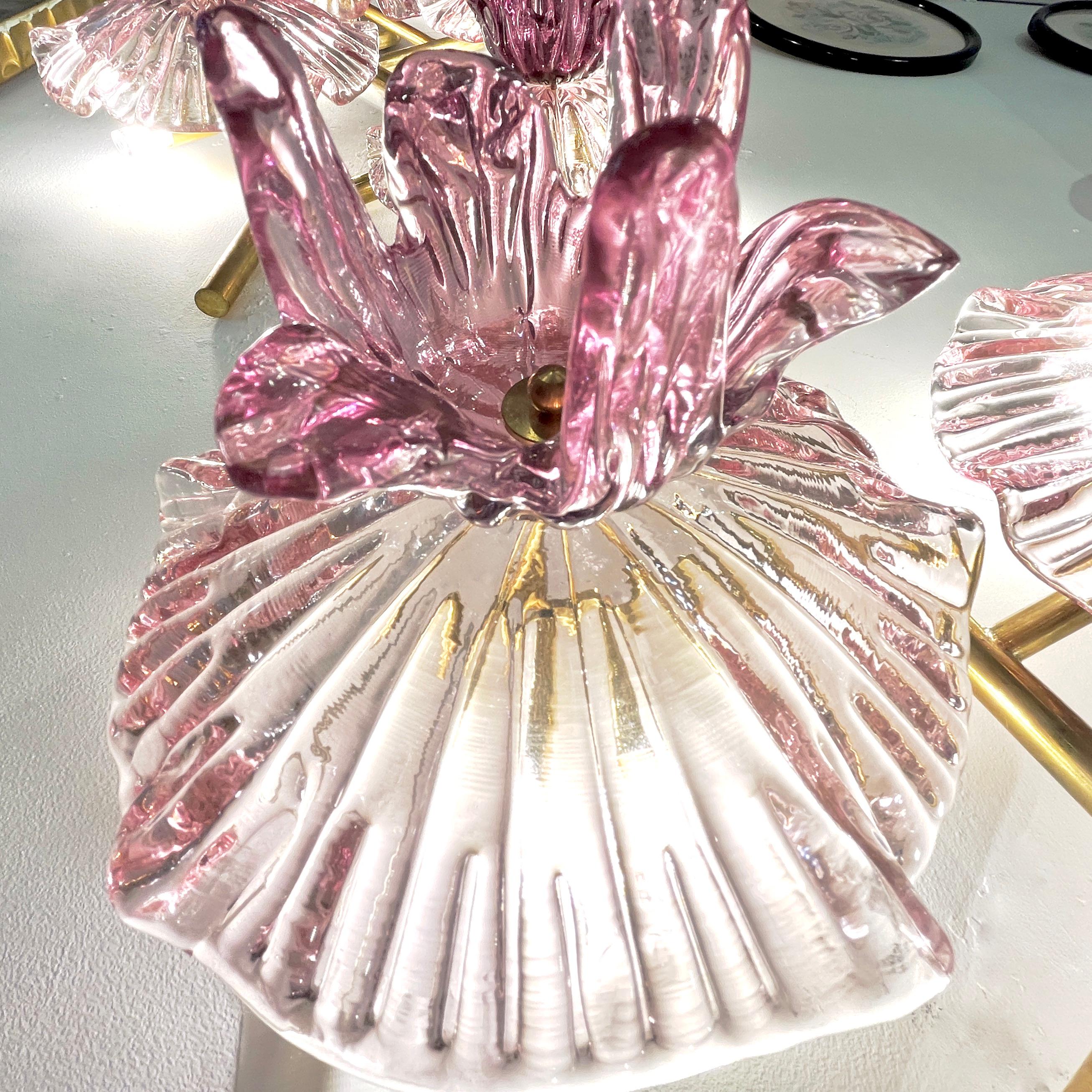 Hand-Crafted Italian Modern Pair of Pink Amethyst Murano Glass Flower Branch Wall Sconces For Sale