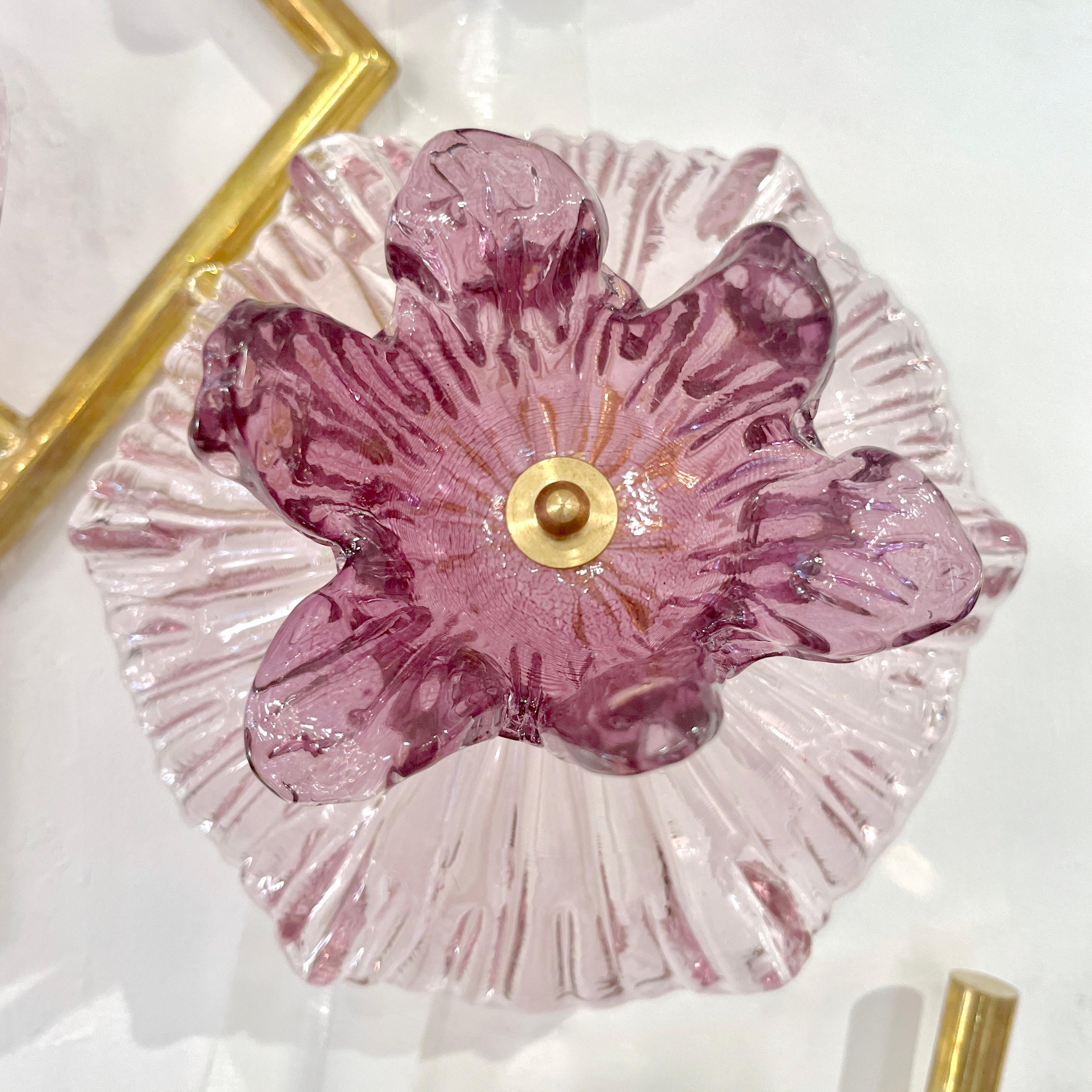Italian Modern Pair of Pink Amethyst Murano Glass Flower Branch Wall Sconces In New Condition For Sale In New York, NY
