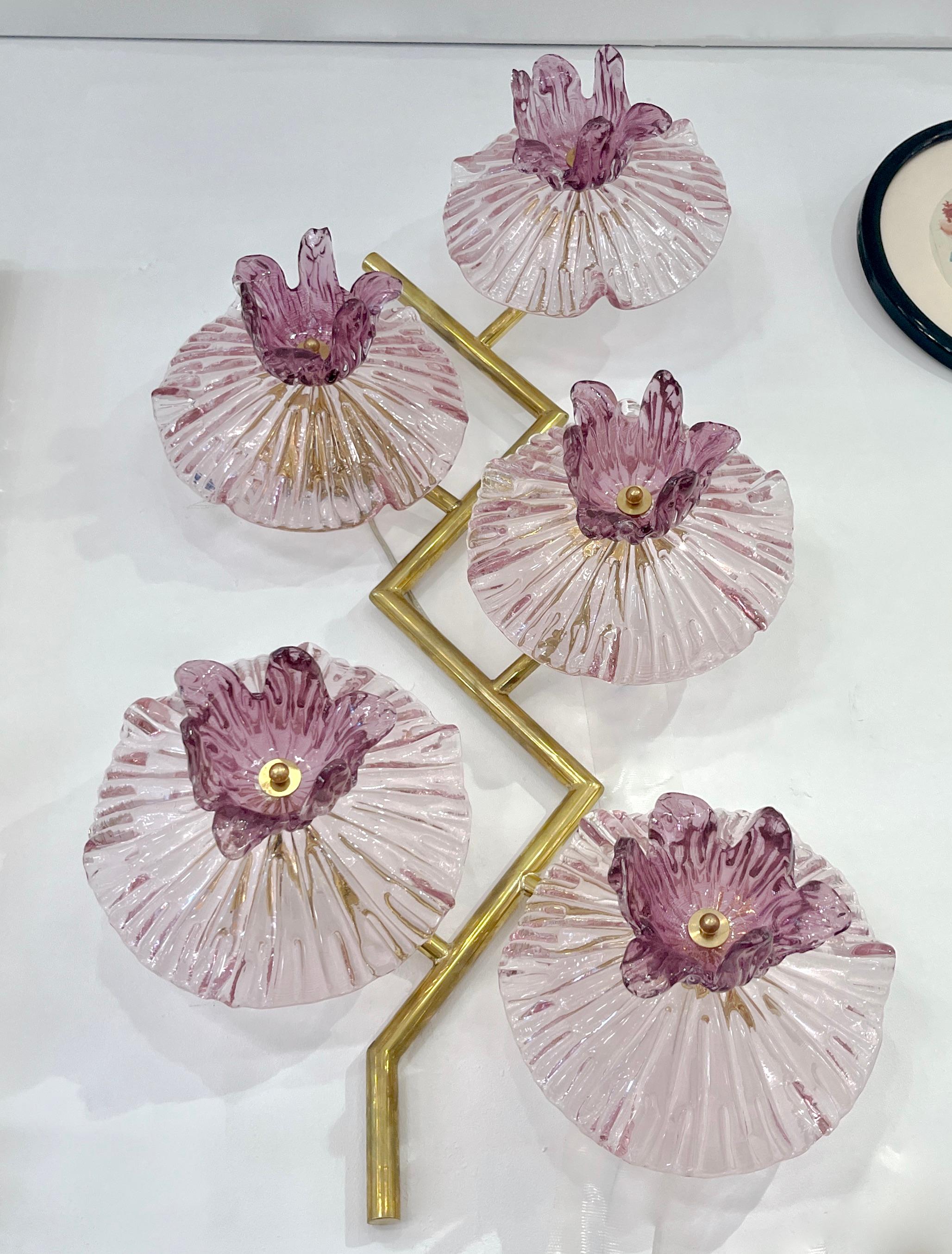 Contemporary Italian Modern Pair of Pink Amethyst Murano Glass Flower Branch Wall Sconces For Sale