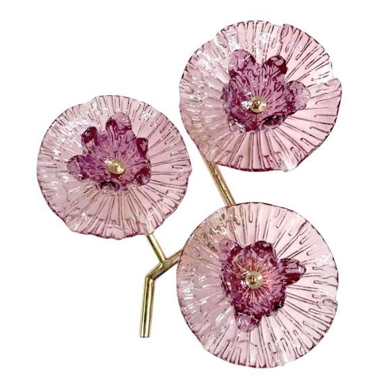 Italian Modern Pair of Pink Amethyst Murano Glass Flower Branch Wall Sconces For Sale 1