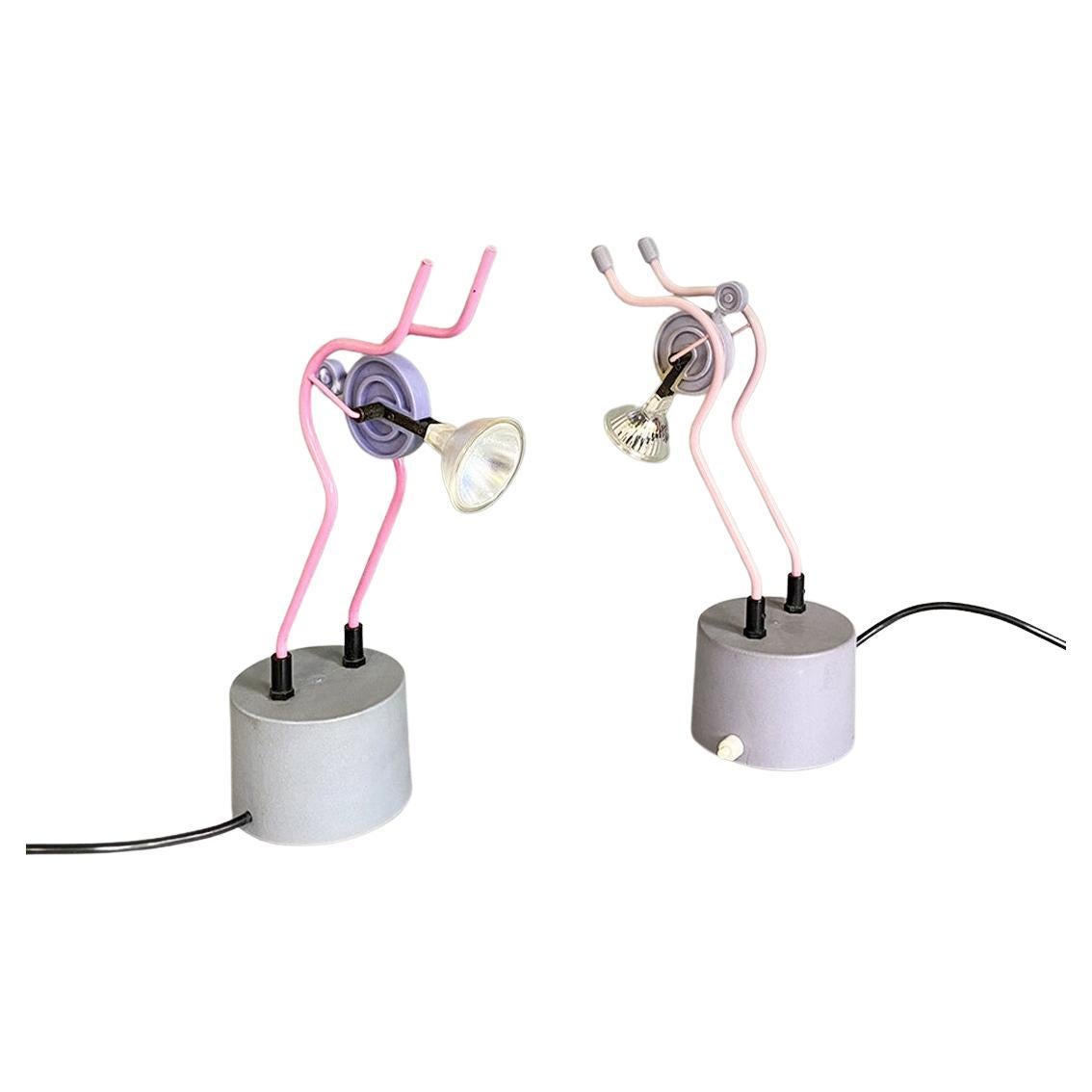 Italian Modern Pair of Pink Metal Sculpture Table Lamps, 1980s For Sale
