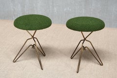 Italian Modern Pair of Sculptural Tripod Brass Stools in Green Bouclé, 1950s