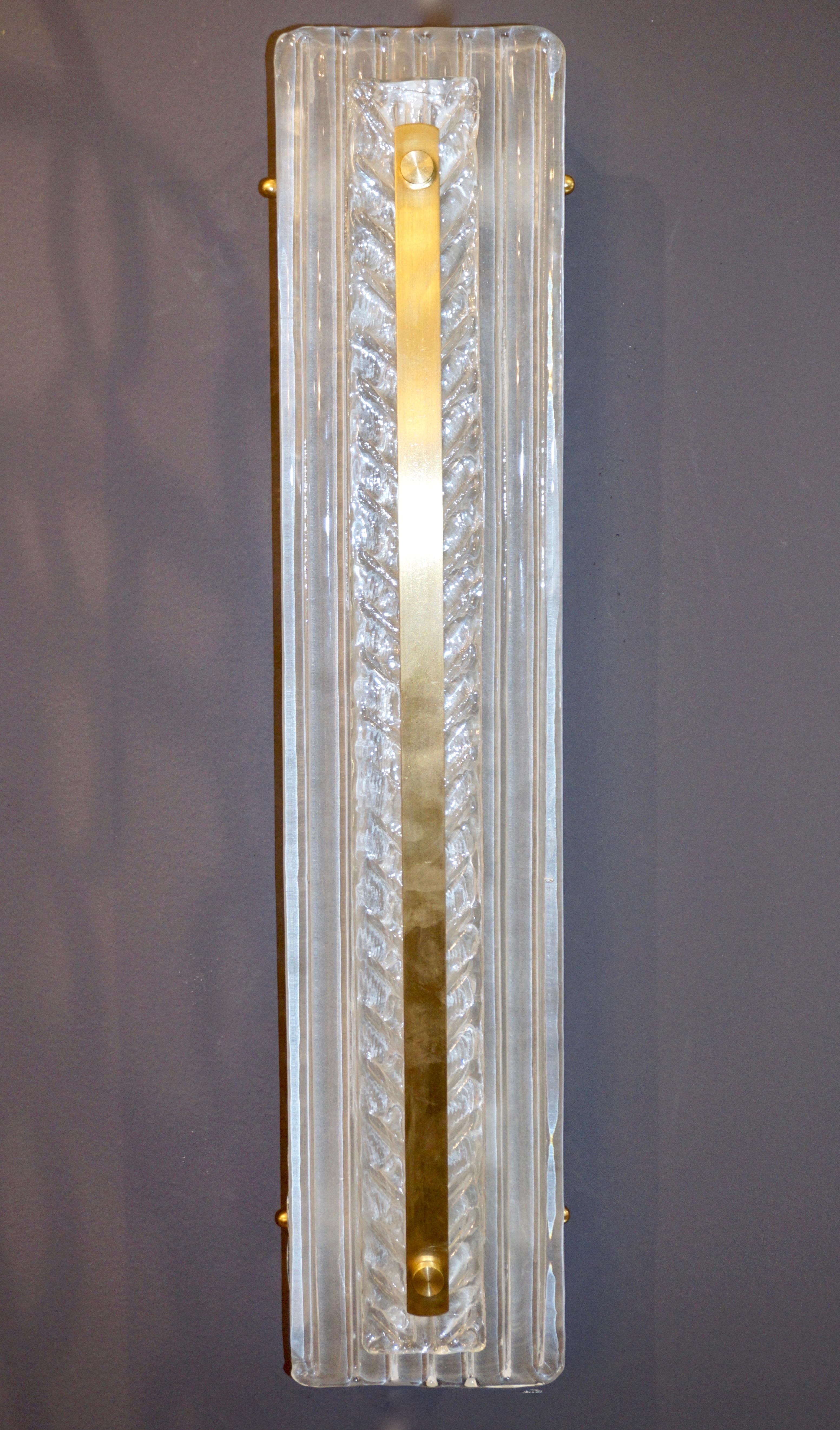 Frosted Italian Modern Pair Tall White Crystal Clear Leaf Textured Murano Brass Sconces For Sale