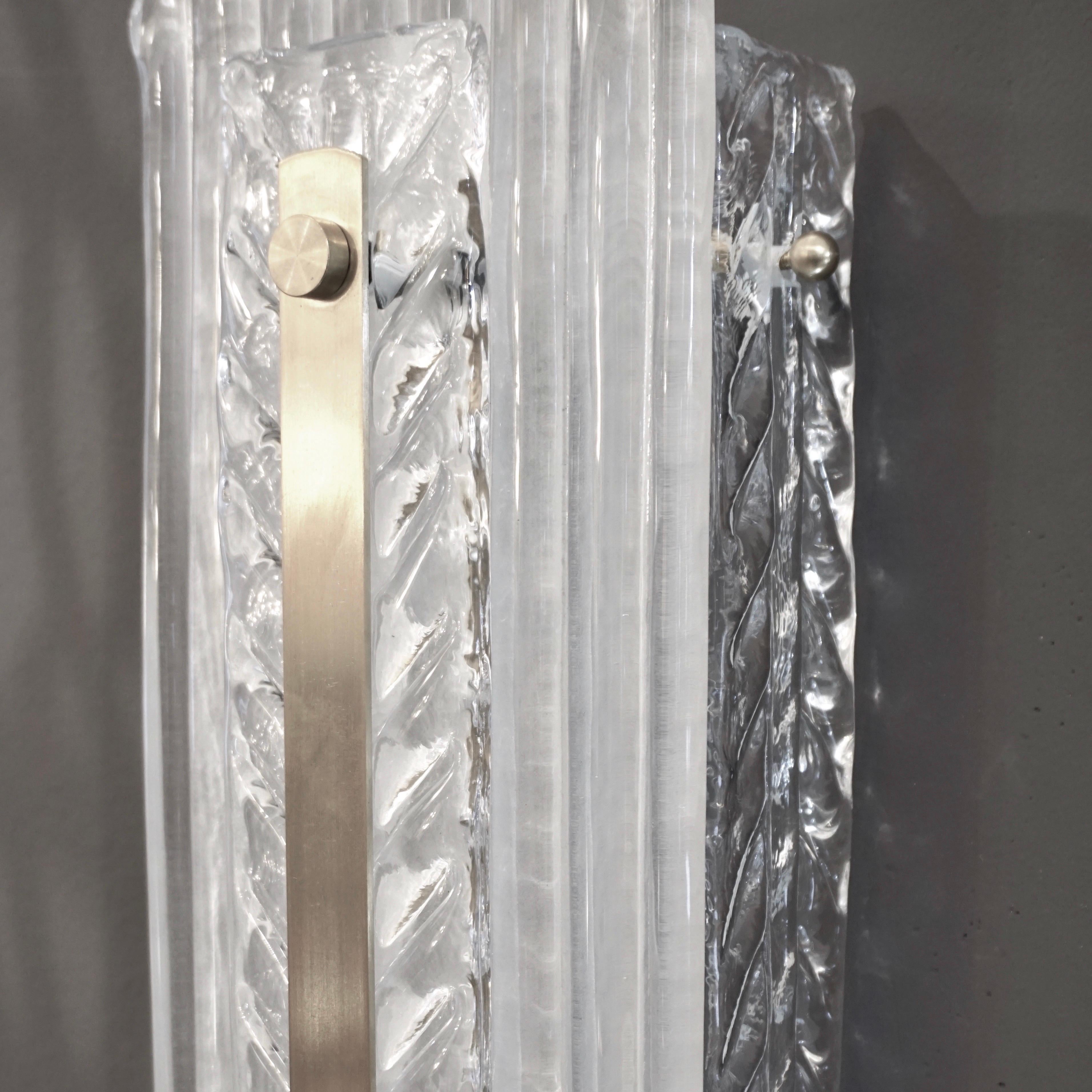 Mid-Century Modern Italian Modern Pair Tall White Crystal Leaf Textured Murano Glass Nickel Sconces