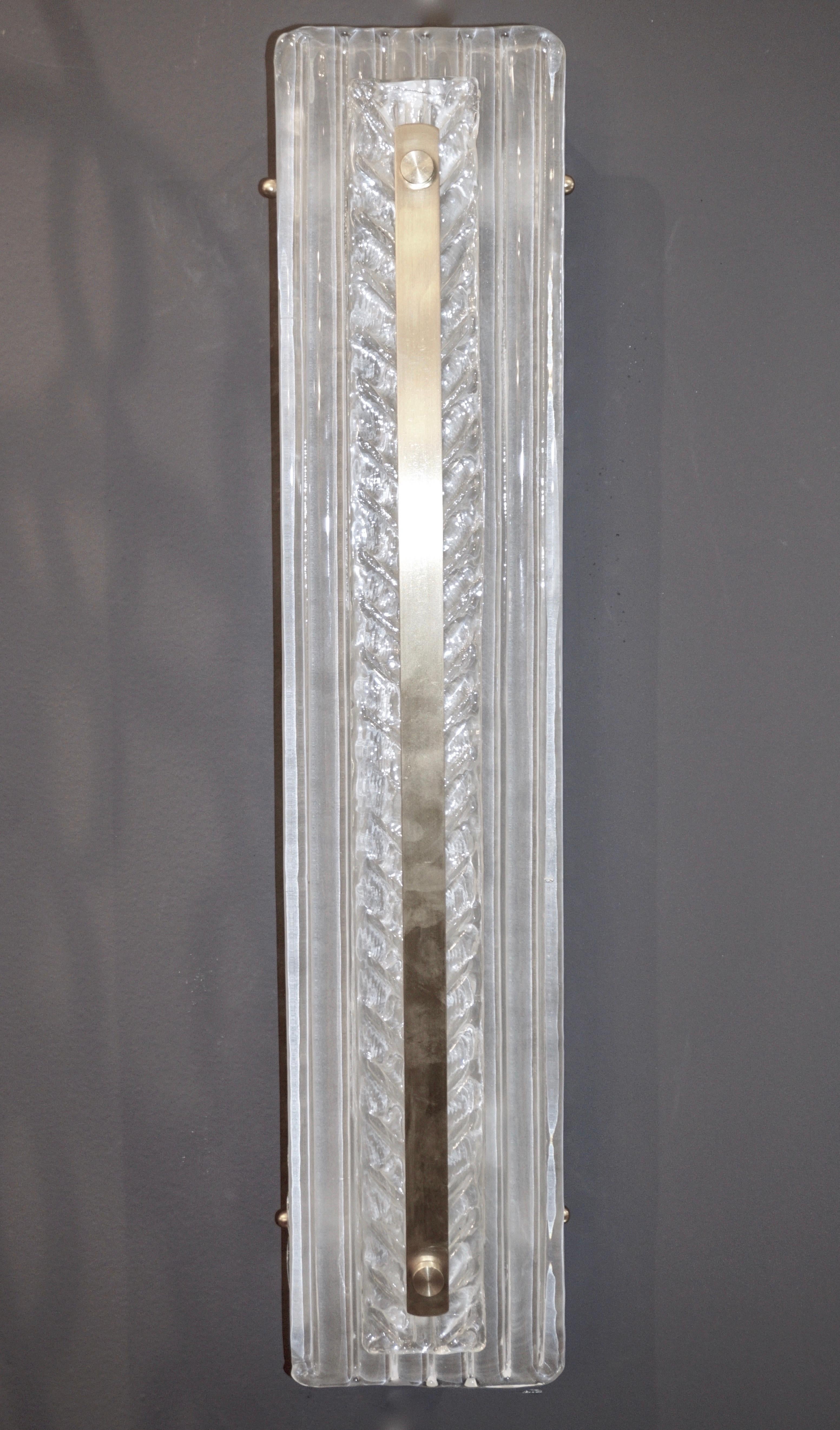 Hand-Crafted Italian Modern Pair Tall White Crystal Leaf Textured Murano Glass Nickel Sconces