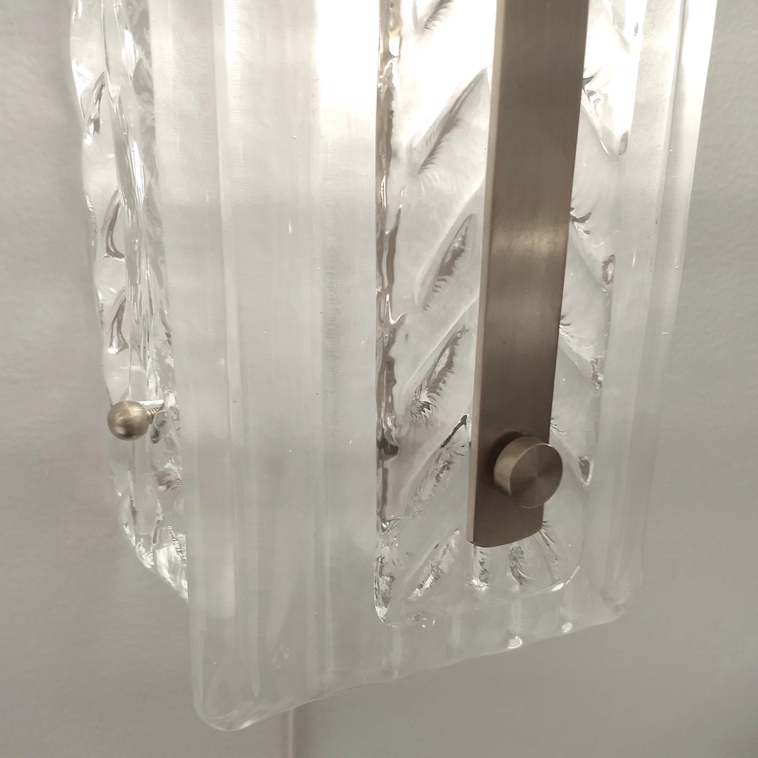 Italian Modern Pair Tall White Crystal Leaf Textured Murano Glass Nickel Sconces In New Condition In New York, NY