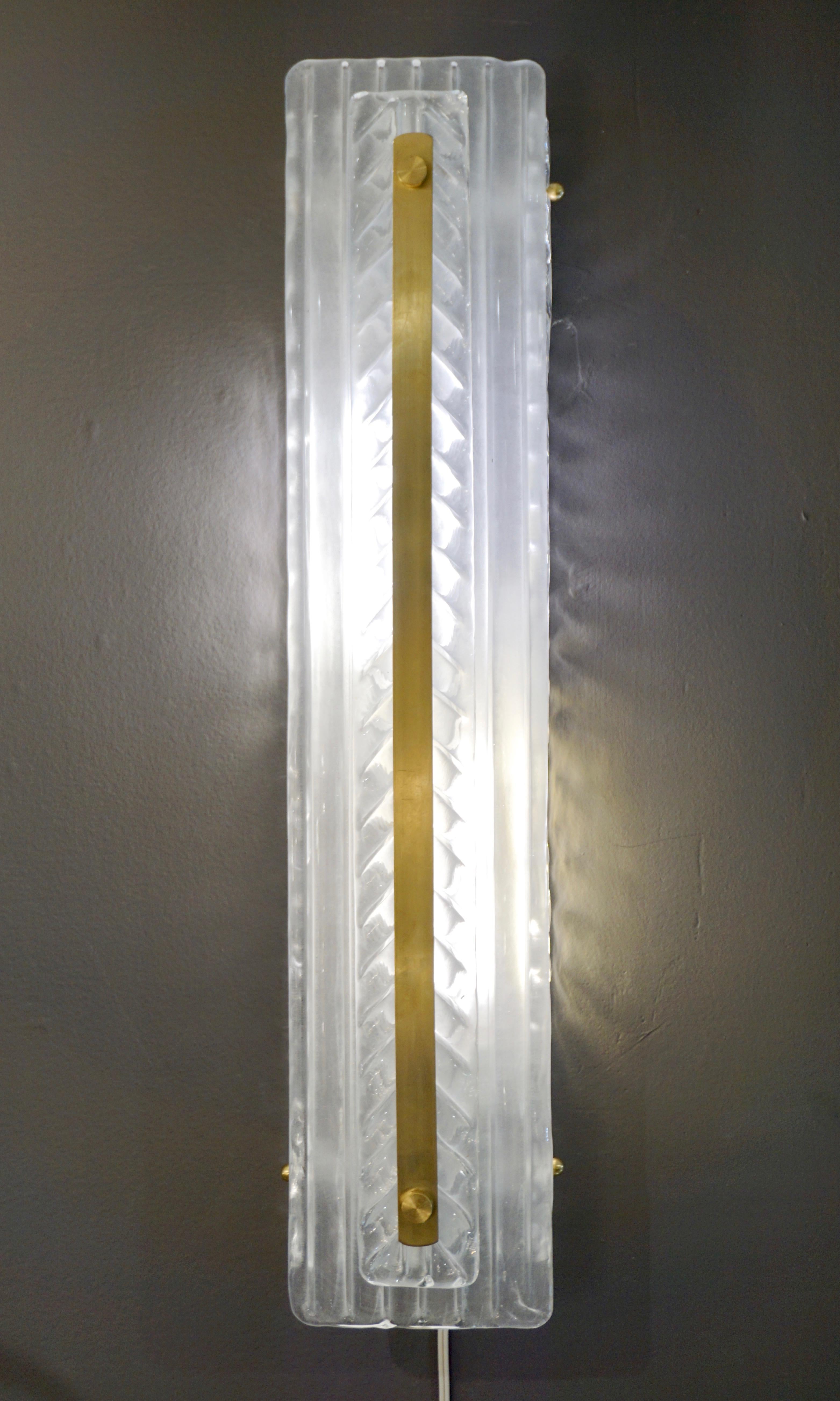 Art Glass Italian Modern Pair Tall White Crystal Clear Leaf Textured Murano Brass Sconces For Sale